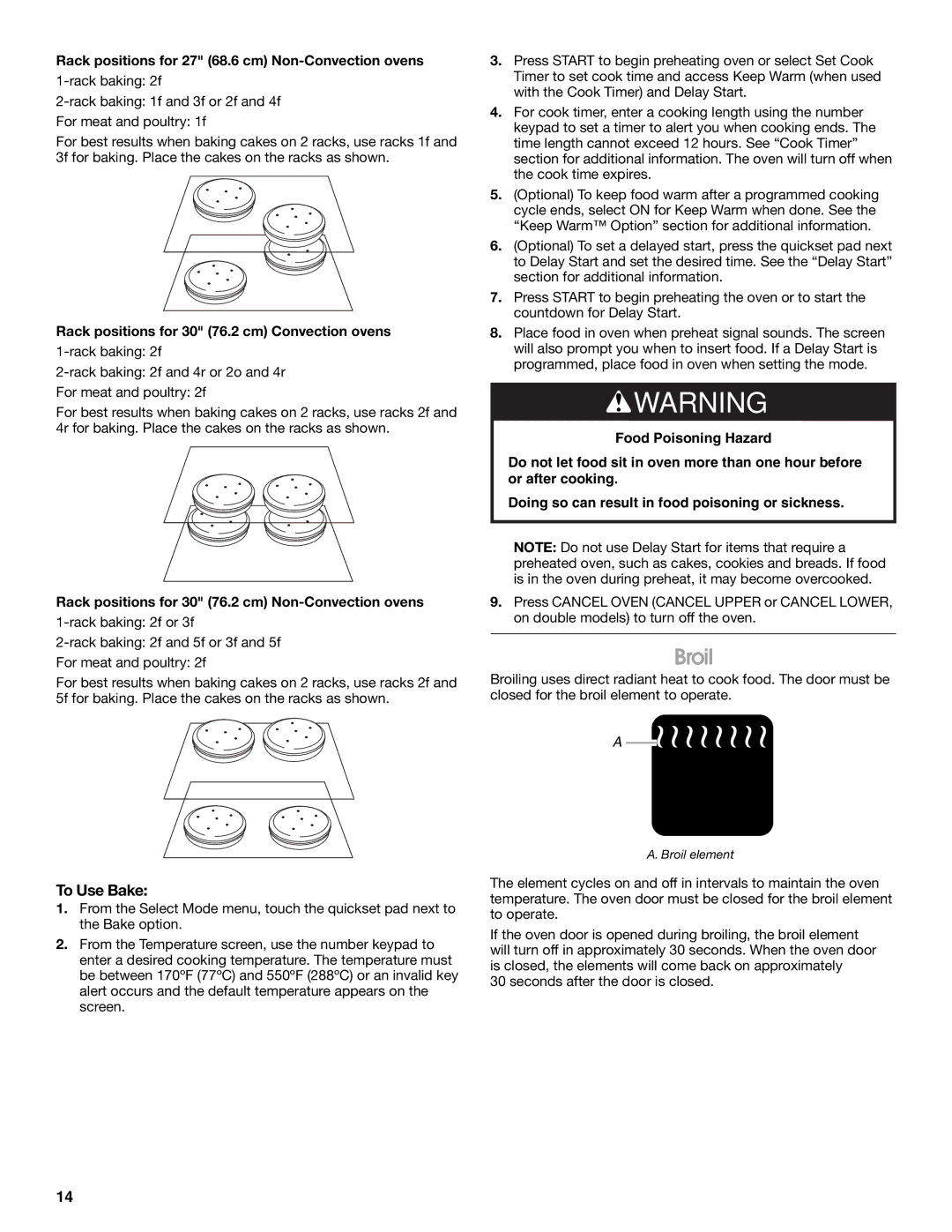 Jenn-Air JJW2830, JJW2527, JJW2730, JJW2427, JJW2827 Broil, To Use Bake, Rack positions for 27 68.6 cm Non-Convection ovens 