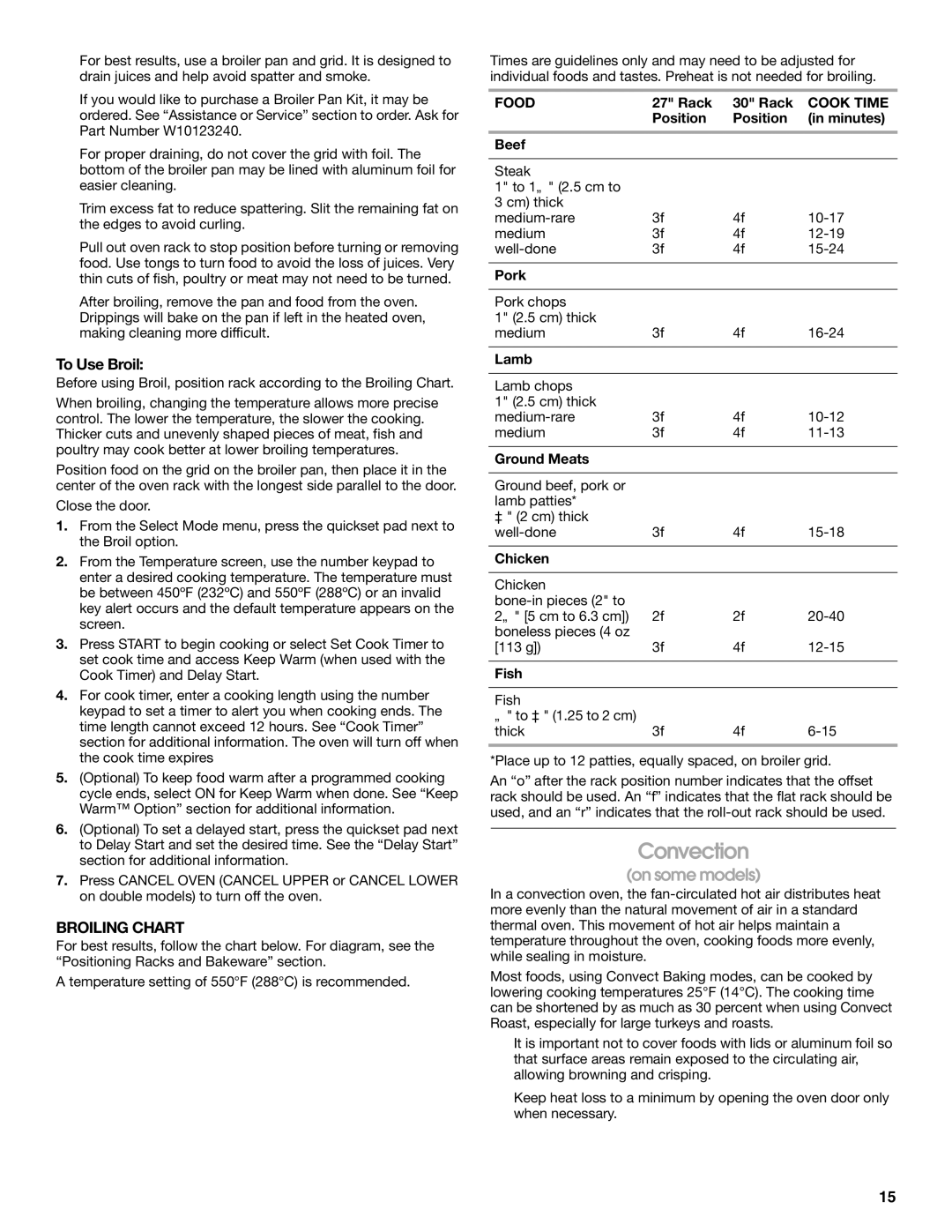Jenn-Air JJW2530, JJW2527, JJW2730, JJW2427, JJW2827, JJW2830, JJW2727, JJW2330, JJW2430, JJW2327 manual Convection, To Use Broil 