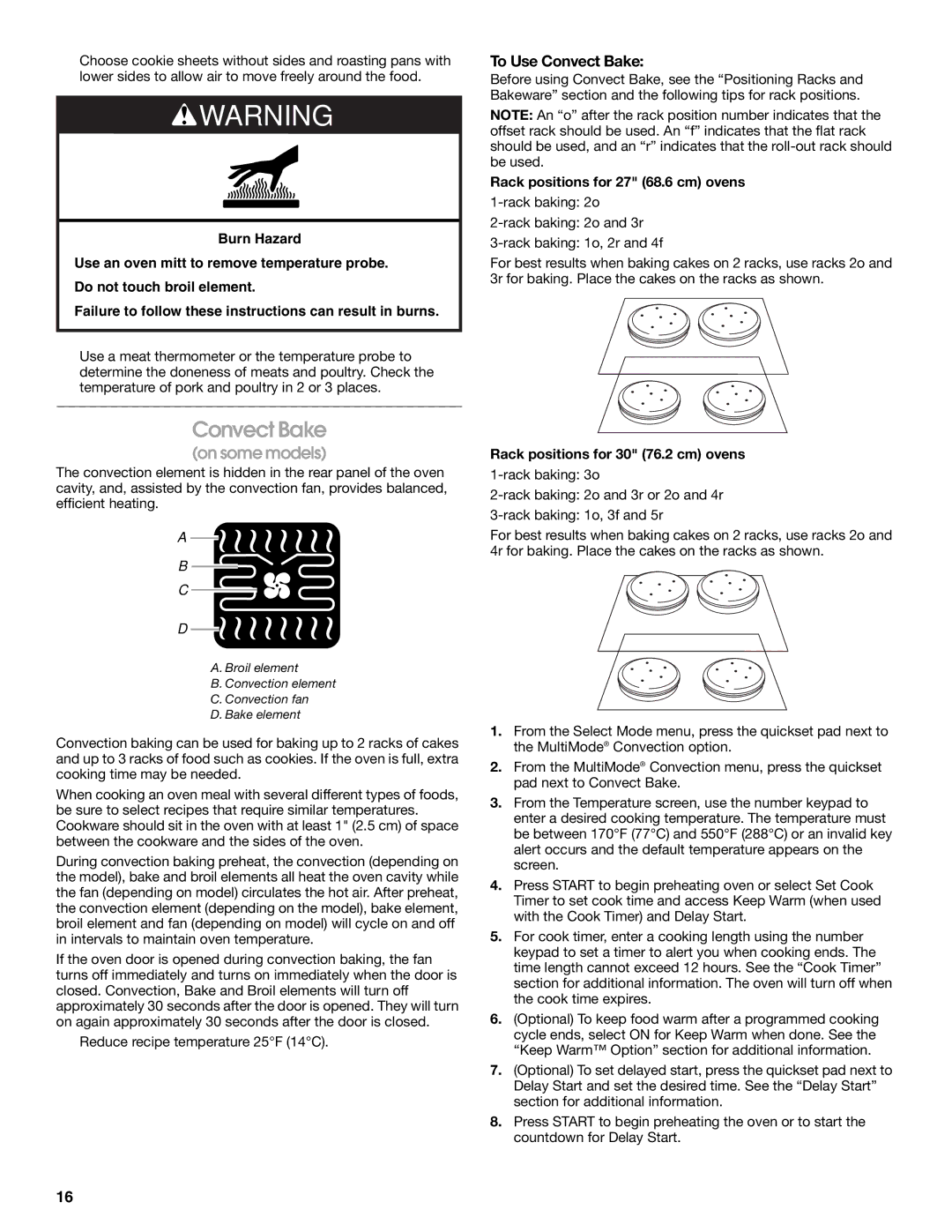 Jenn-Air JJW2727 manual To Use Convect Bake, Rack positions for 27 68.6 cm ovens, Rack positions for 30 76.2 cm ovens 