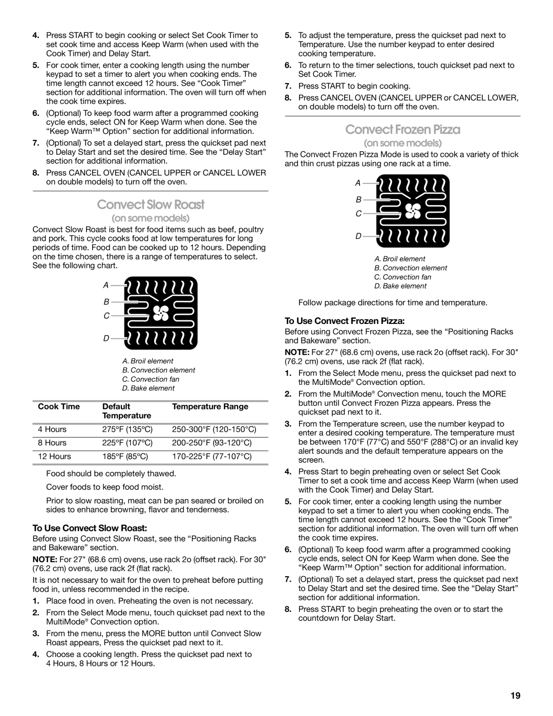 Jenn-Air JJW2327 manual To Use Convect Slow Roast, To Use Convect Frozen Pizza, Cook Time Default Temperature Range 