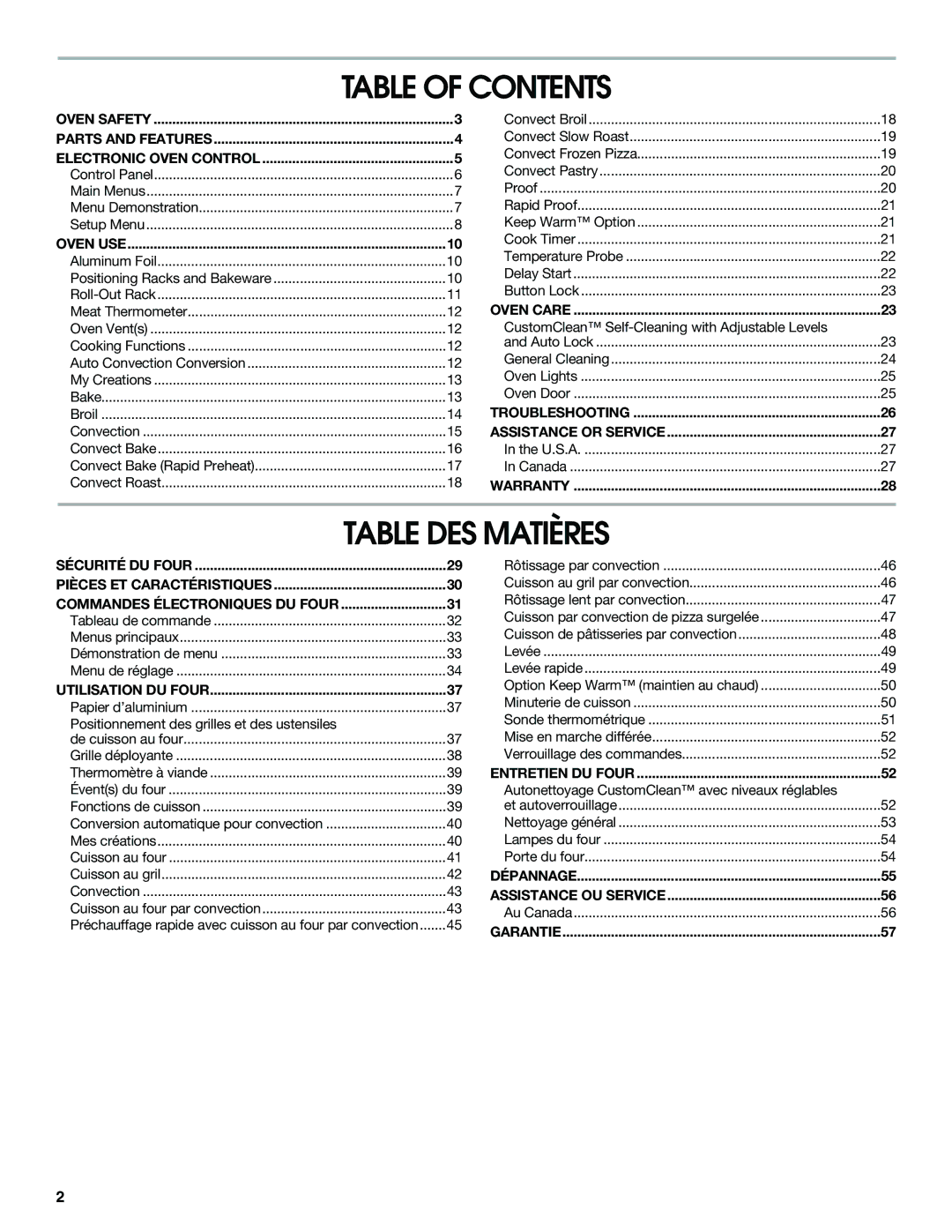 Jenn-Air JJW2427, JJW2527, JJW2730, JJW2827, JJW2830, JJW2530, JJW2727, JJW2330, JJW2430 Table of Contents, Table DES Matières 