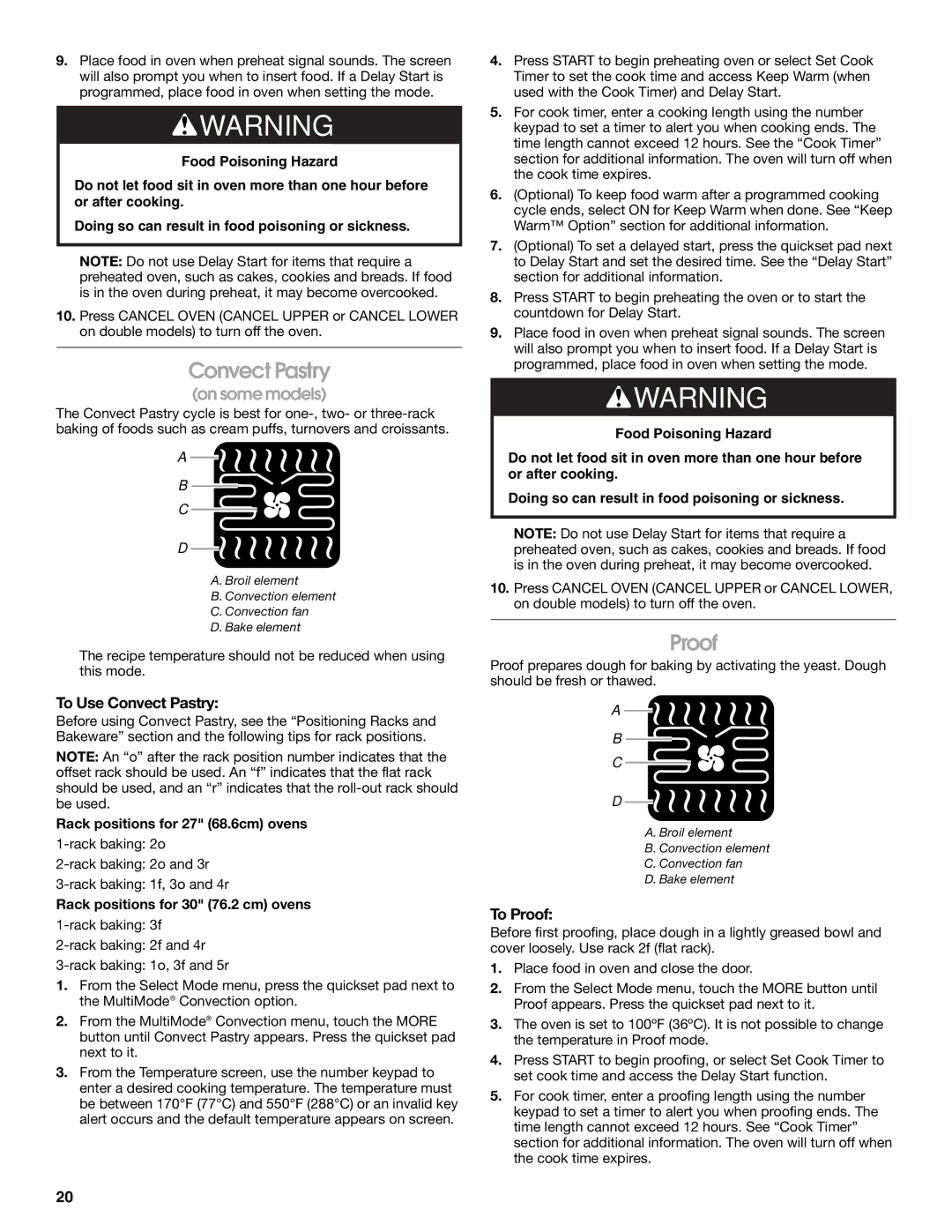 Jenn-Air JJW2527, JJW2730, JJW2427, JJW2827 manual To Use Convect Pastry, To Proof, Rack positions for 27 68.6cm ovens 