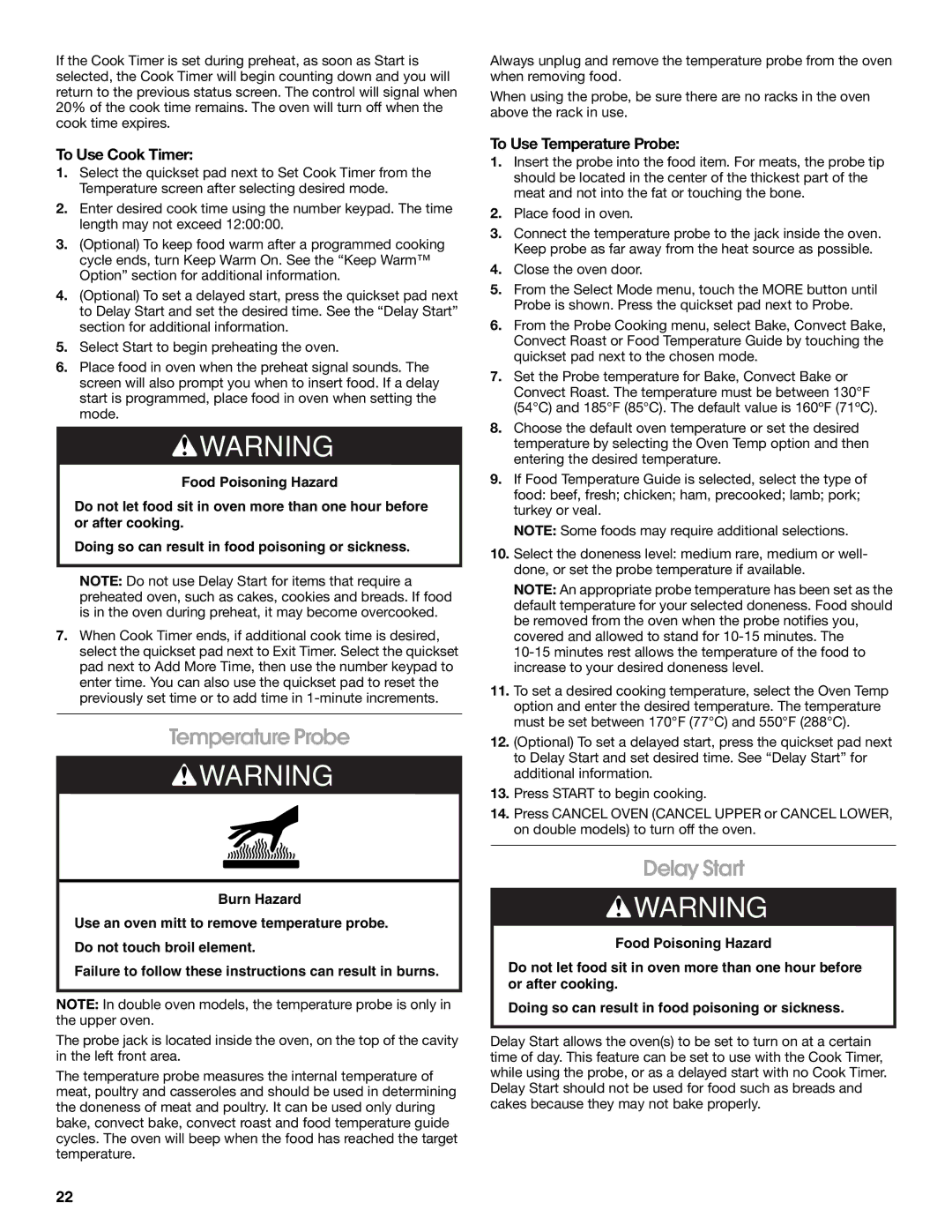 Jenn-Air JJW2427, JJW2527, JJW2730, JJW2827, JJW2830, JJW2530 Delay Start, To Use Cook Timer, To Use Temperature Probe 