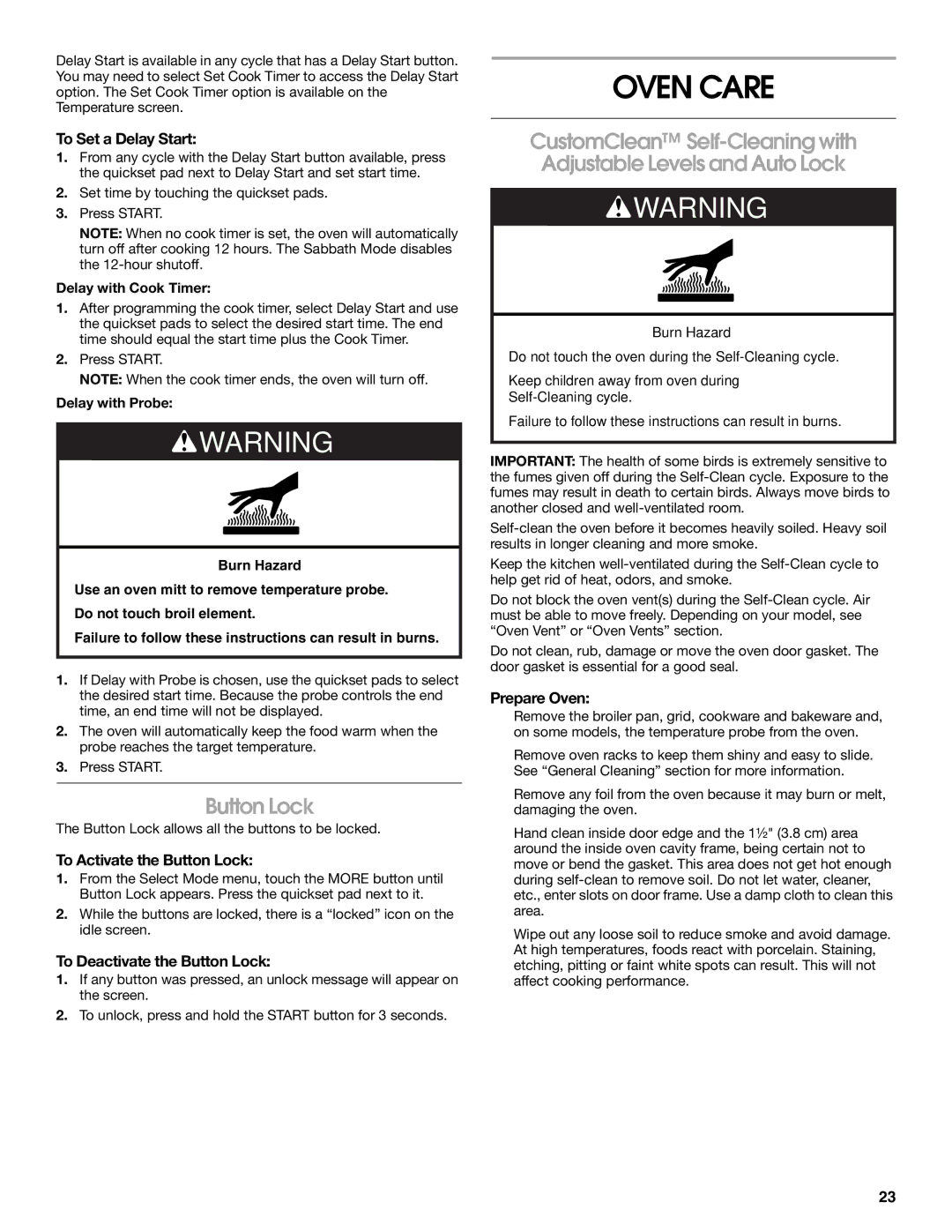 Jenn-Air JJW2827, JJW2527, JJW2730, JJW2427, JJW2830, JJW2530, JJW2727, JJW2330, JJW2430, JJW2327 manual Oven Care, Button Lock 