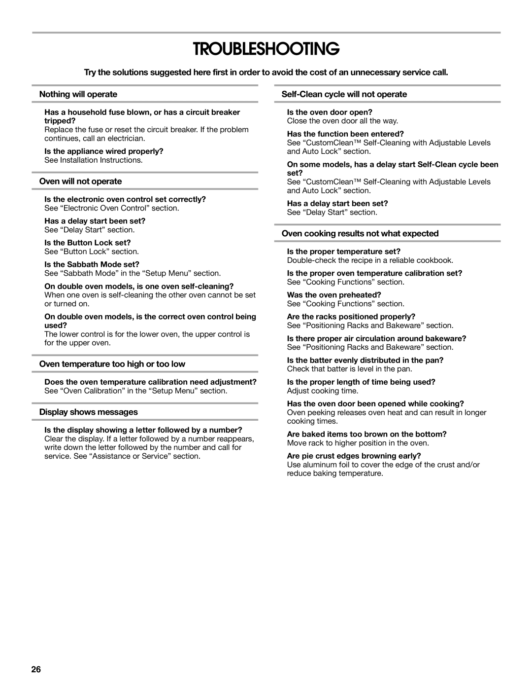 Jenn-Air JJW2727, JJW2527, JJW2730, JJW2427, JJW2827, JJW2830, JJW2530, JJW2330, JJW2430, JJW2327 manual Troubleshooting 