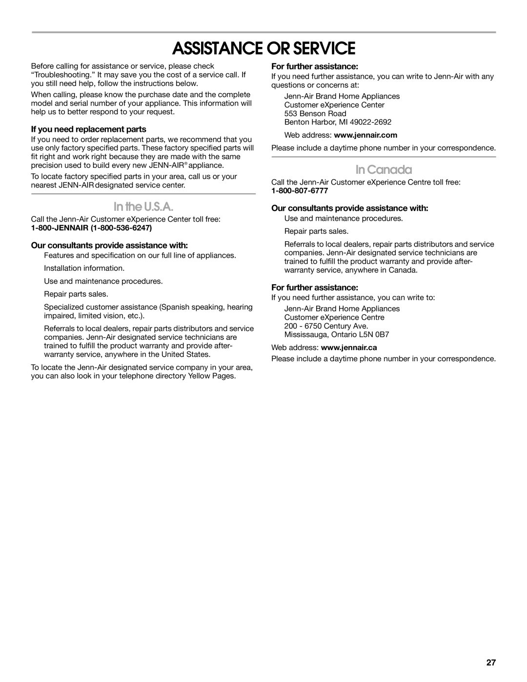 Jenn-Air JJW2330, JJW2527, JJW2730, JJW2427, JJW2827, JJW2830, JJW2530, JJW2727, JJW2430 Assistance or Service, U.S.A, Canada 