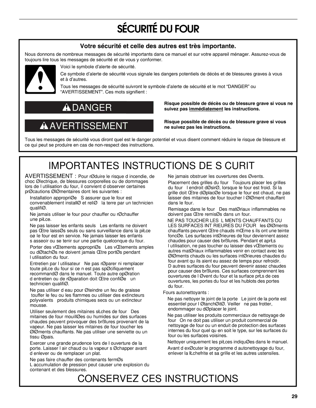 Jenn-Air JJW2327, JJW2527, JJW2730, JJW2427, JJW2827 Sécurité DU Four, Votre sécurité et celle des autres est très importante 