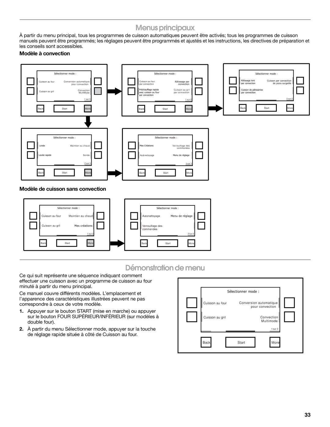 Jenn-Air JJW2827, JJW2527 Menus principaux, Démonstration de menu, Modèle à convection, Modèle de cuisson sans convection 