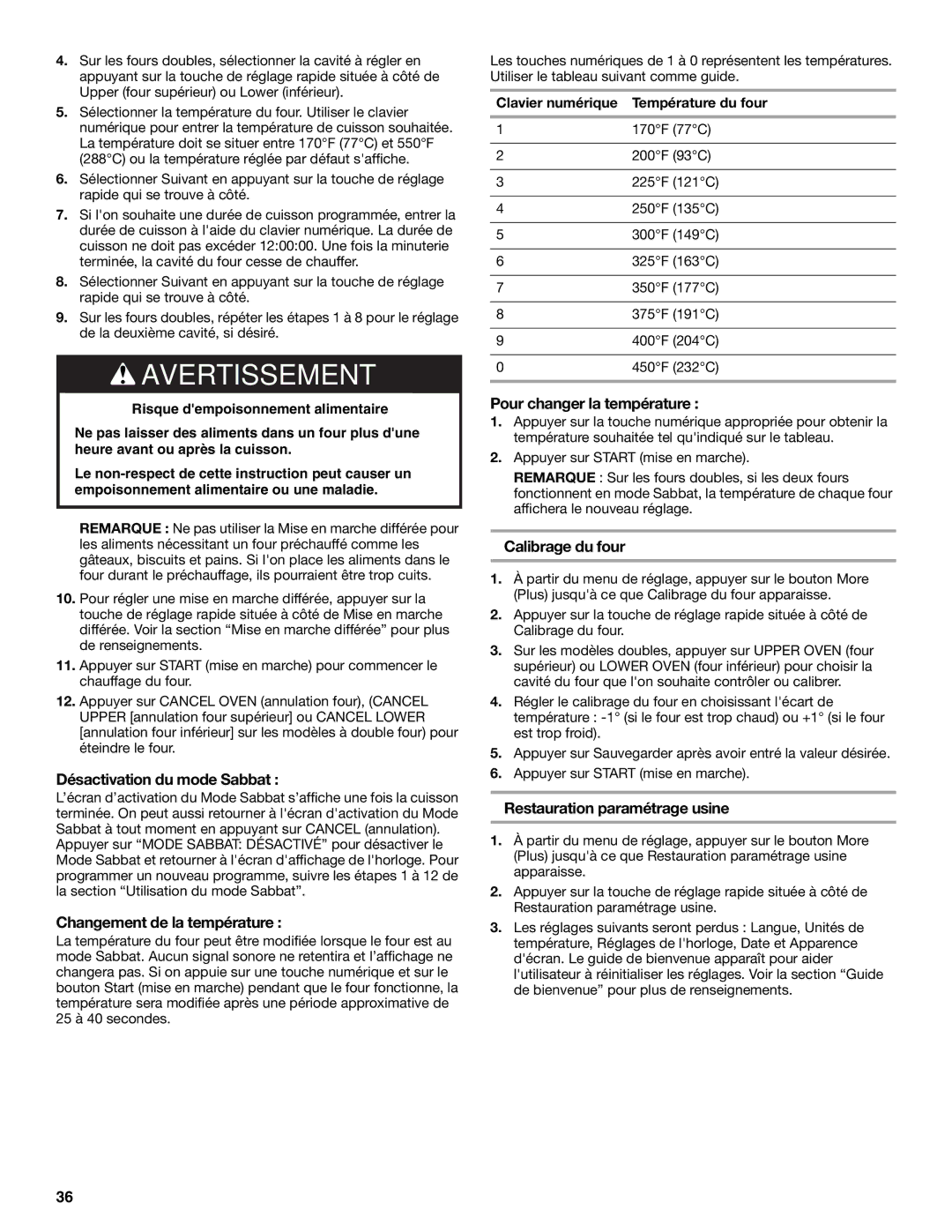 Jenn-Air JJW2727, JJW2527, JJW2730 Désactivation du mode Sabbat, Changement de la température, Pour changer la température 