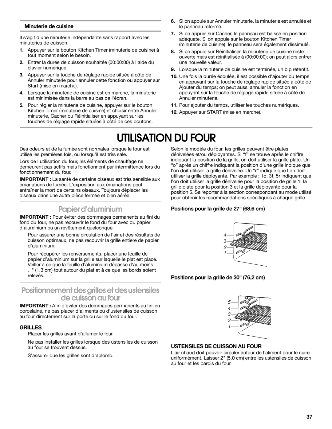 Jenn-Air JJW2330, JJW2527, JJW2730 manual Utilisation DU Four, Papier d’aluminium, De cuisson au four, Minuterie de cuisine 