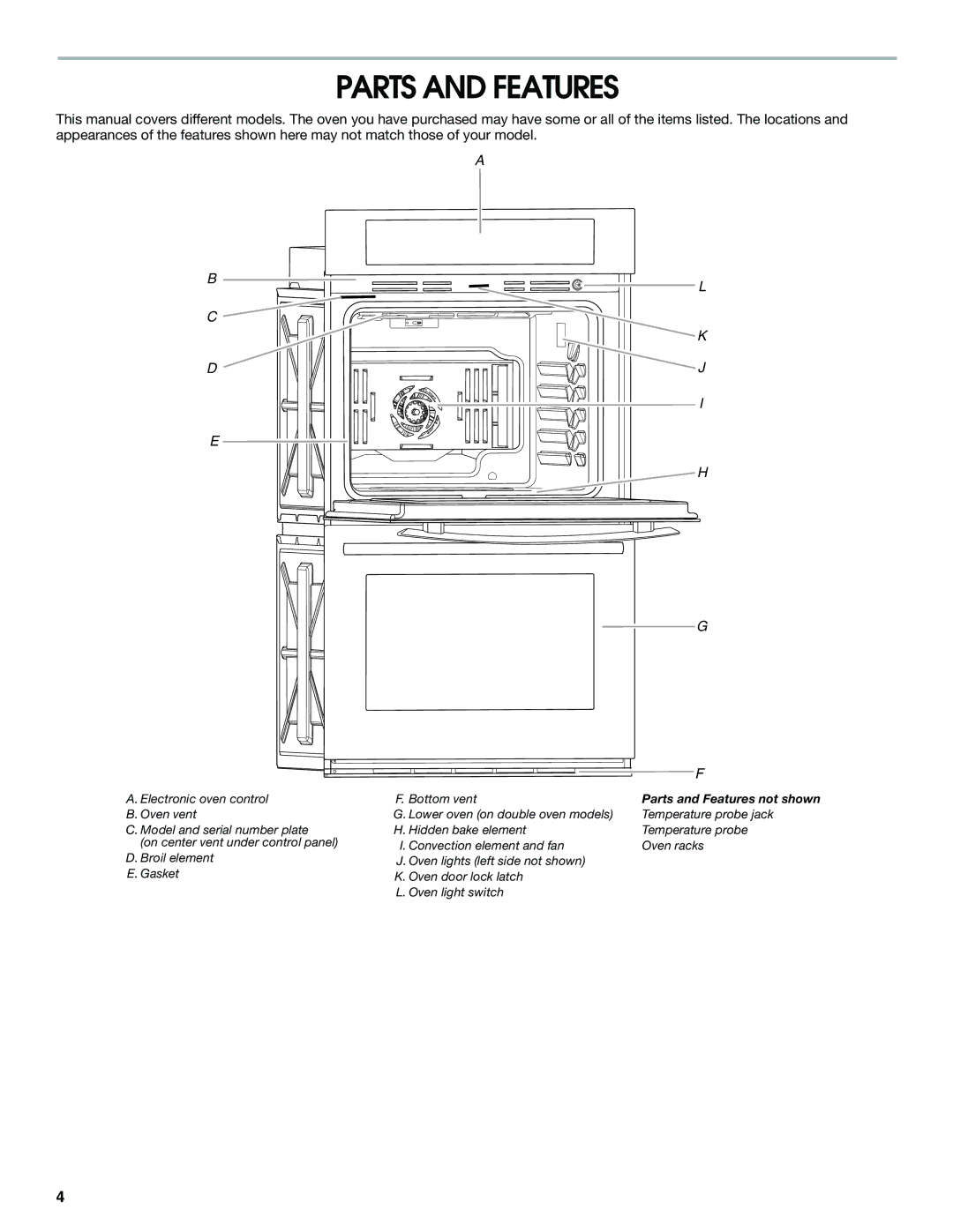 Jenn-Air JJW2830, JJW2527, JJW2730, JJW2427, JJW2827, JJW2530, JJW2727, JJW2330, JJW2430, JJW2327 manual Parts and Features 