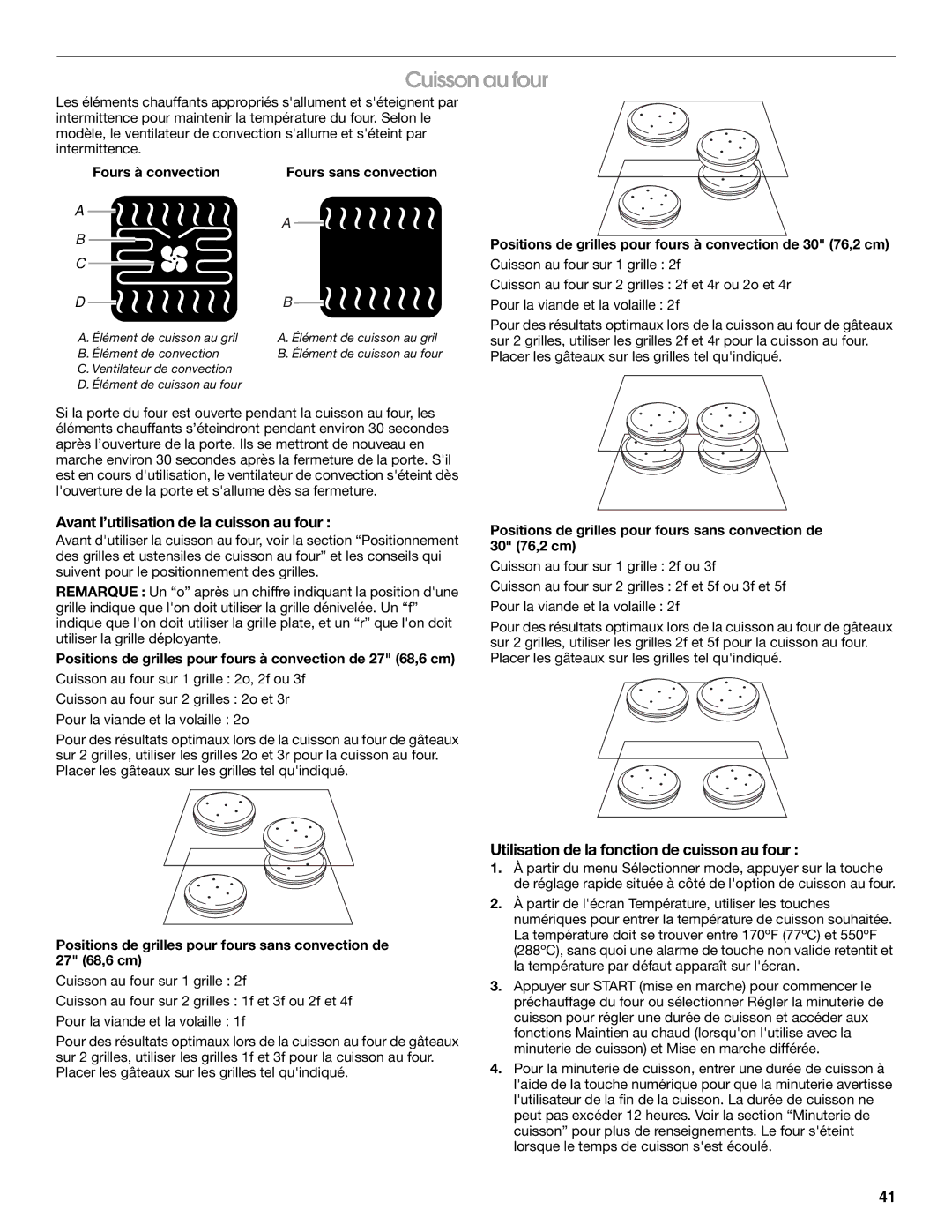 Jenn-Air JJW2730 Cuisson au four, Avant l’utilisation de la cuisson au four, Utilisation de la fonction de cuisson au four 