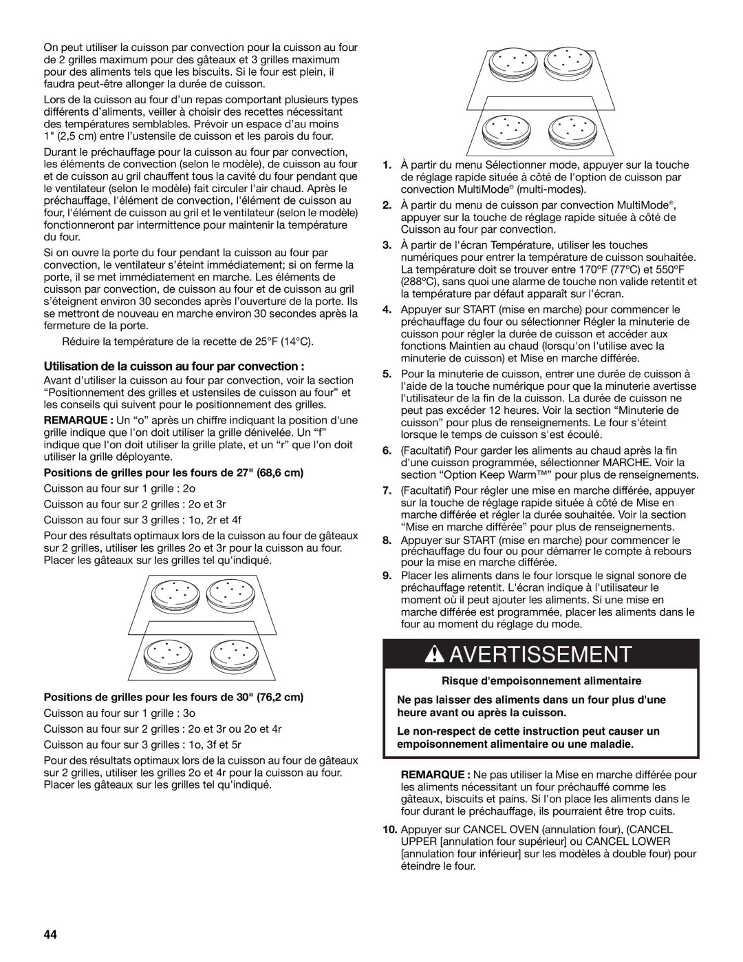 Jenn-Air JJW2830 manual Utilisation de la cuisson au four par convection, Positions de grilles pour les fours de 27 68,6 cm 