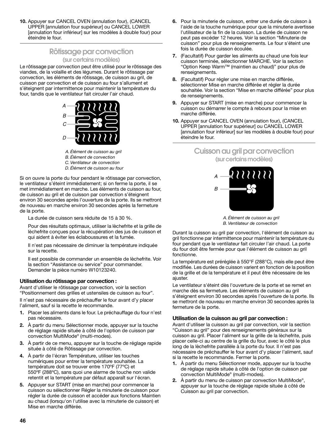 Jenn-Air JJW2727 manual Rôtissage par convection, Cuisson au gril par convection, Utilisation du rôtissage par convection 