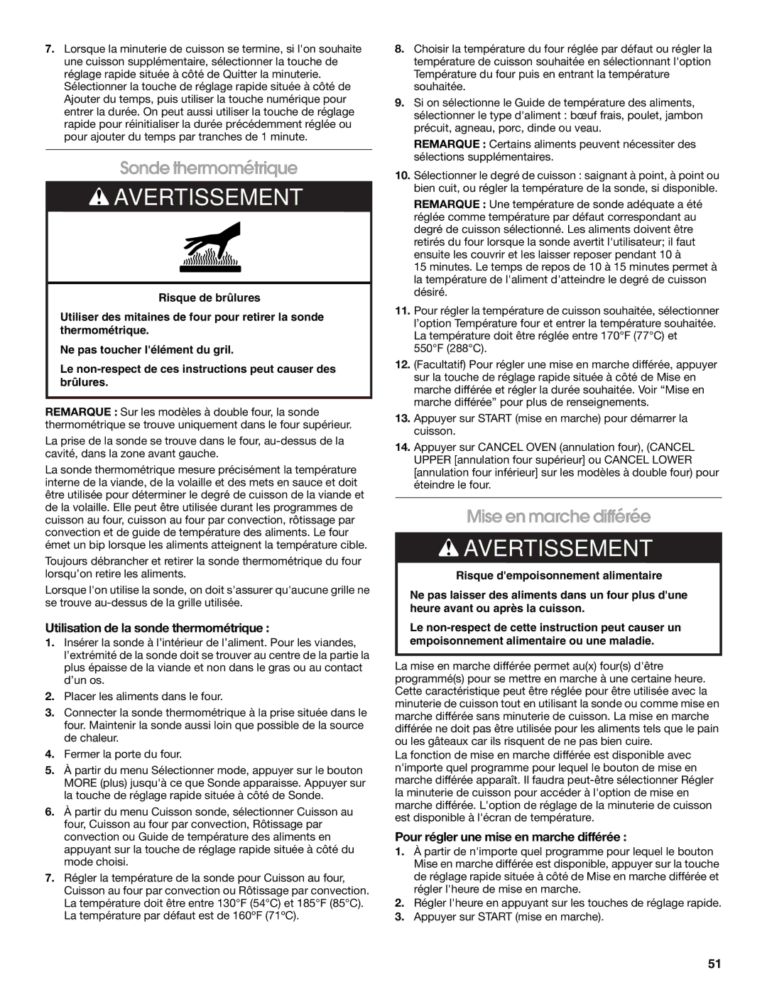 Jenn-Air JJW2730, JJW2527, JJW2427 Sonde thermométrique, Mise en marche différée, Utilisation de la sonde thermométrique 