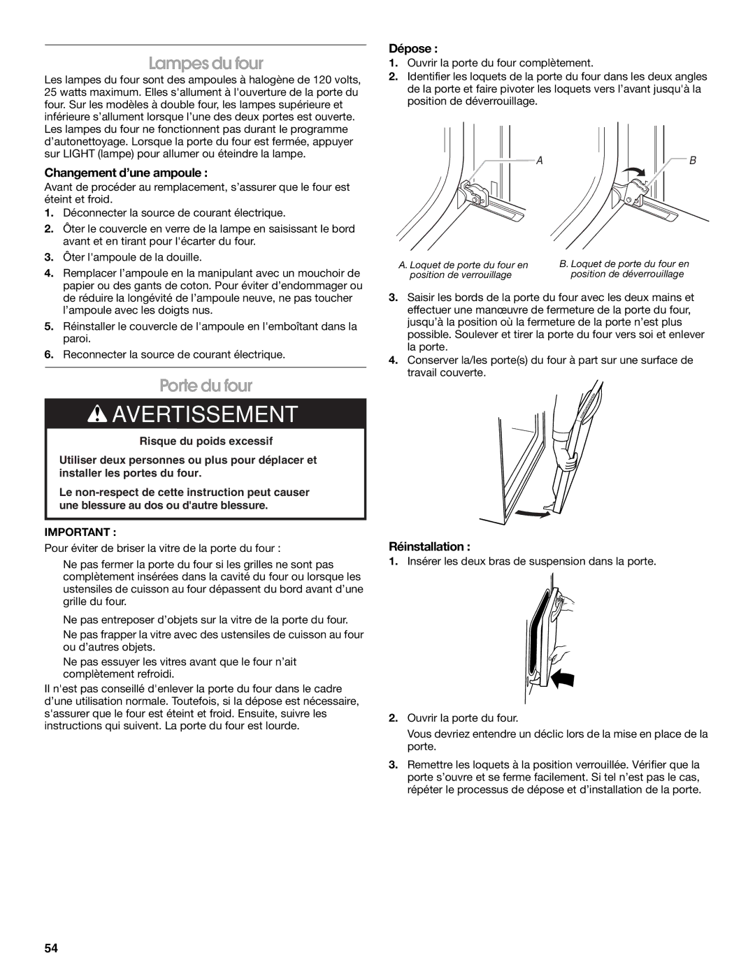 Jenn-Air JJW2830, JJW2527, JJW2730, JJW2427 Lampes du four, Porte du four, Changement d’une ampoule, Dépose, Réinstallation 