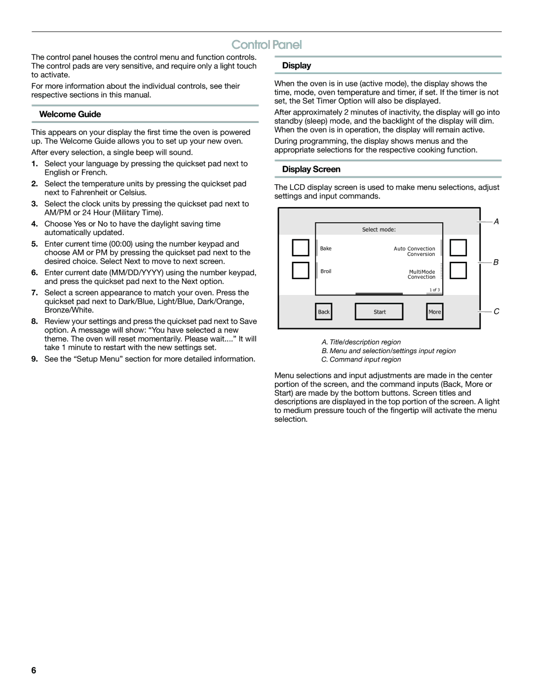 Jenn-Air JJW2727, JJW2527, JJW2730, JJW2427, JJW2827, JJW2830, JJW2530, JJW2330 Control Panel, Welcome Guide, Display Screen 