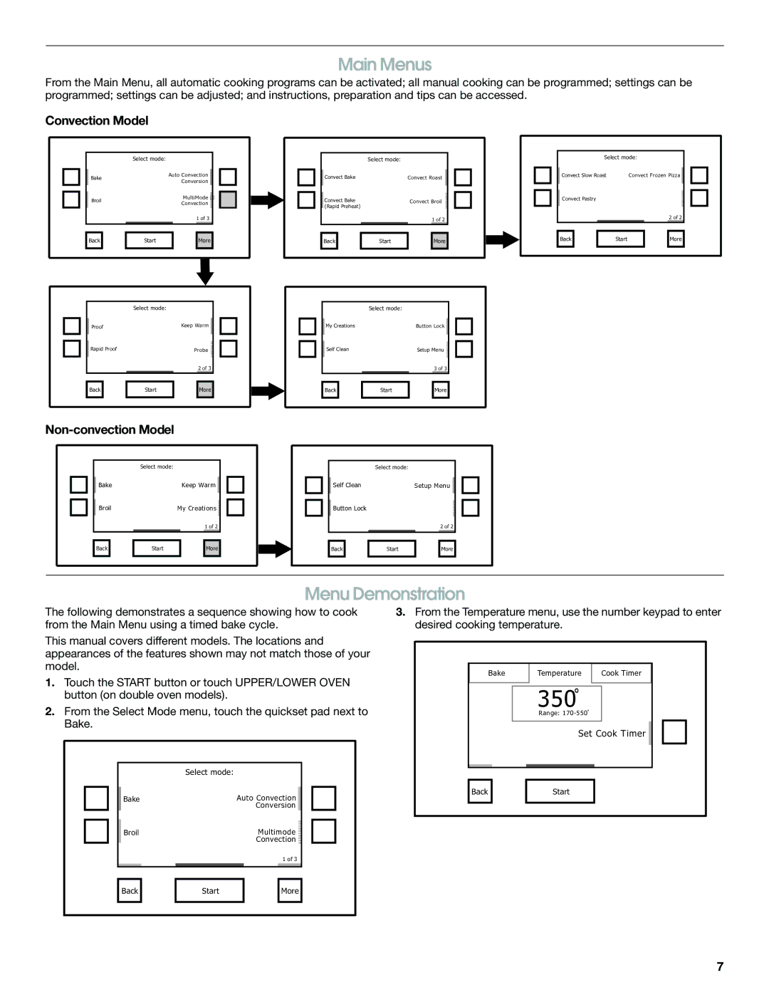 Jenn-Air JJW2330, JJW2527, JJW2730, JJW2427, JJW2827 Main Menus, Menu Demonstration, Convection Model, Non-convection Model 