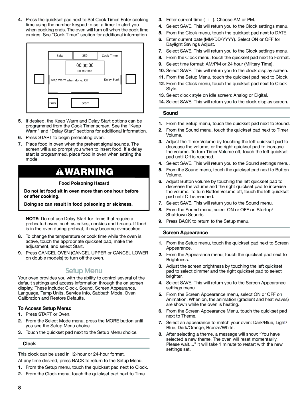 Jenn-Air JJW2430, JJW2527, JJW2730, JJW2427, JJW2827, JJW2830 manual To Access Setup Menu, Clock, Sound, Screen Appearance 