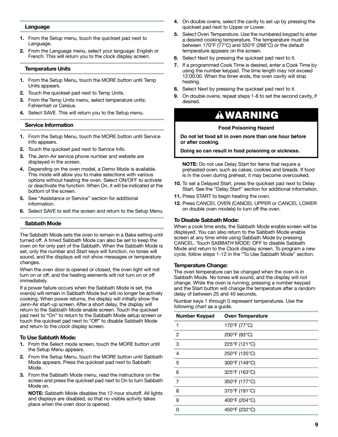 Jenn-Air JJW2327 manual Language, Temperature Units, Service Information, To Use Sabbath Mode, To Disable Sabbath Mode 