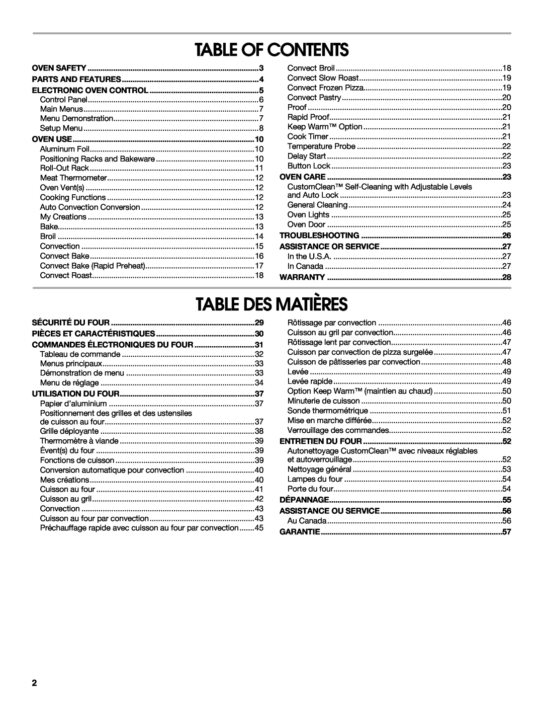 Jenn-Air JJW2427 Table Of Contents, Table Des Matières, Oven Safety, Parts And Features, Electronic Oven Control, Oven Use 