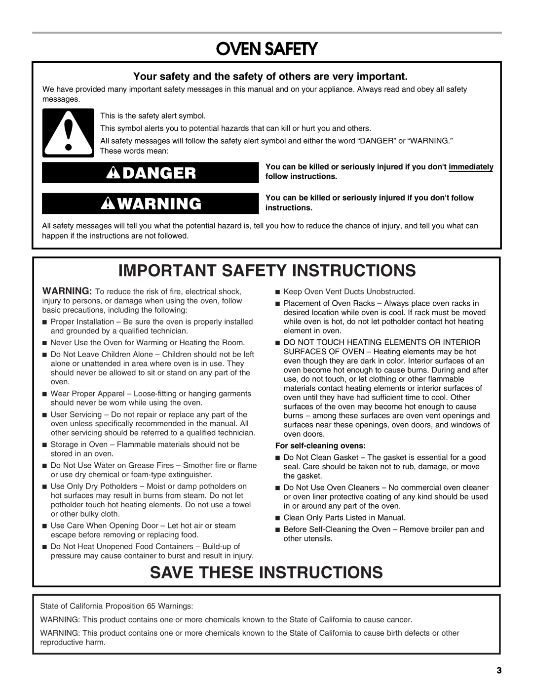 Jenn-Air JJW2827 Oven Safety, Important Safety Instructions, Save These Instructions, Danger, For self-cleaning ovens 