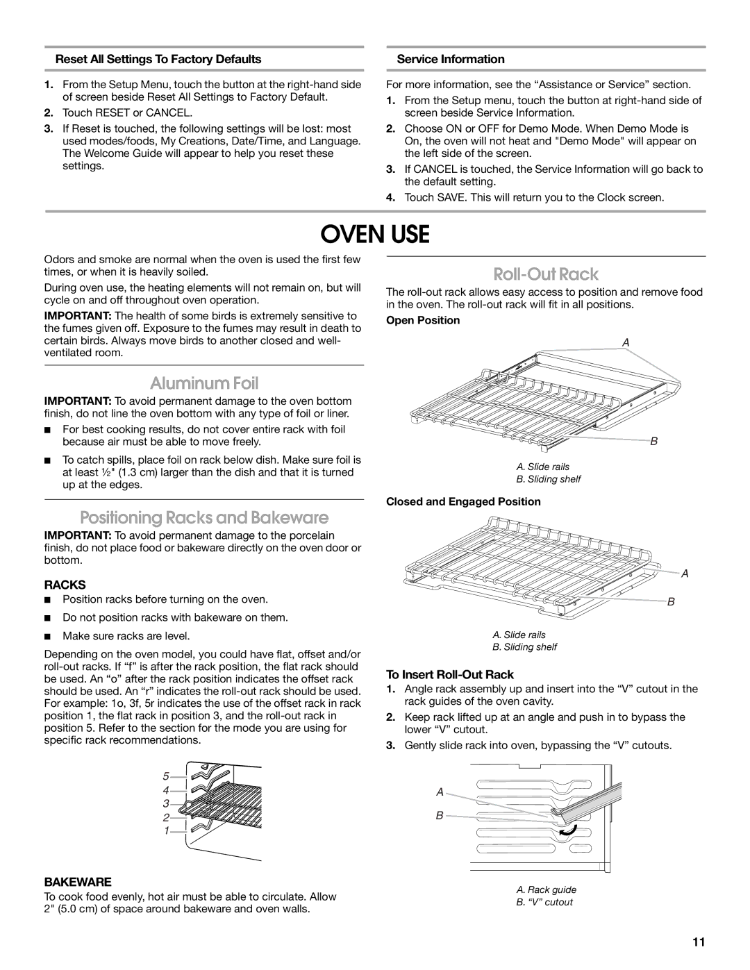 Jenn-Air JJW3430 manual Oven USE, Aluminum Foil, Positioning Racks and Bakeware, Roll-Out Rack 