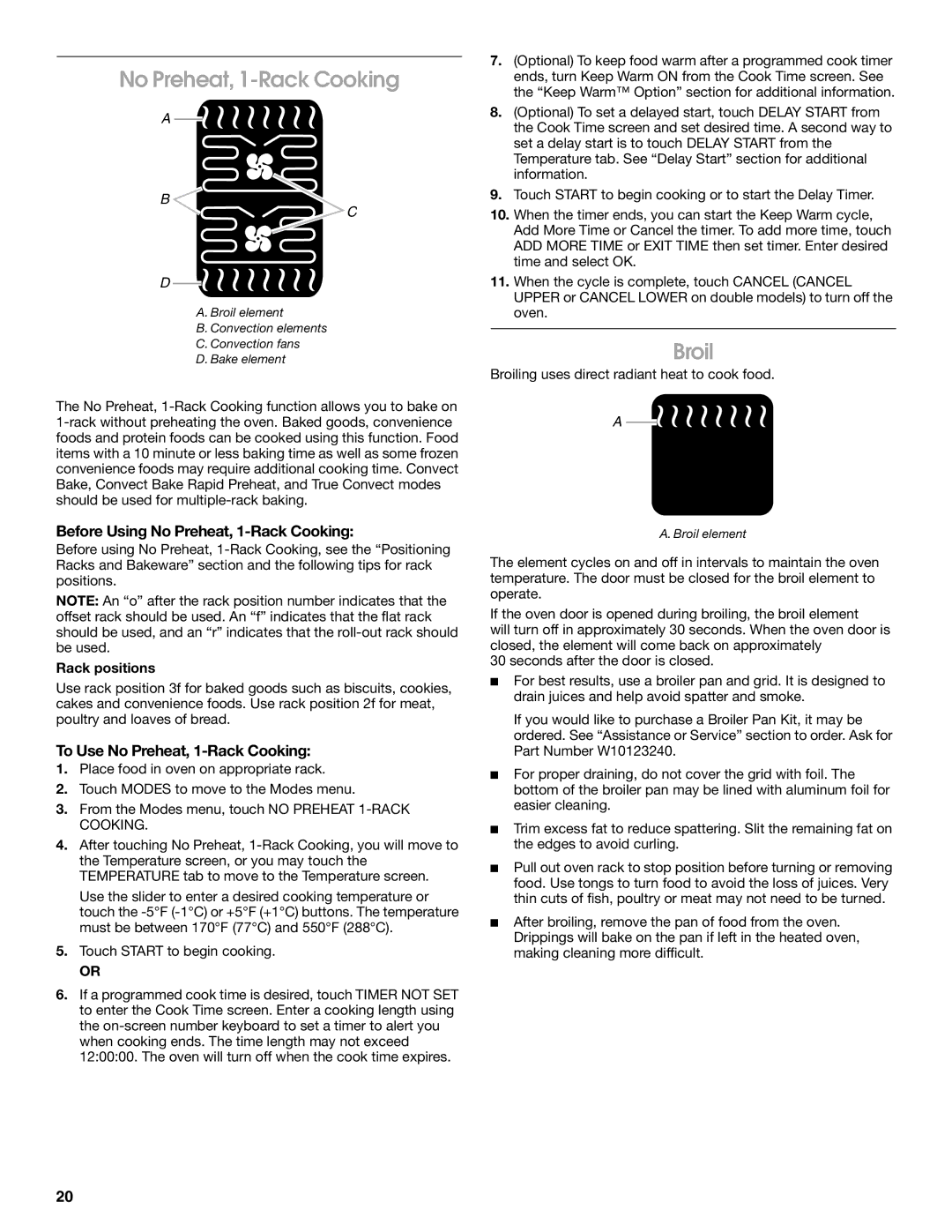 Jenn-Air JJW3430 manual Broil, Before Using No Preheat, 1-Rack Cooking, To Use No Preheat, 1-Rack Cooking 