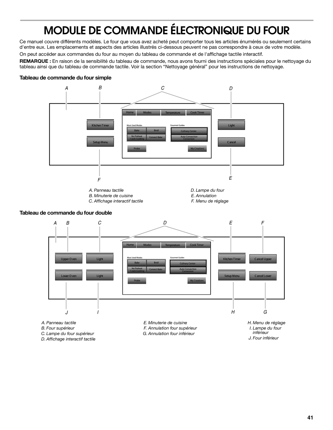 Jenn-Air JJW3430 manual Module DE Commande Électronique DU Four, Tableau de commande du four simple 