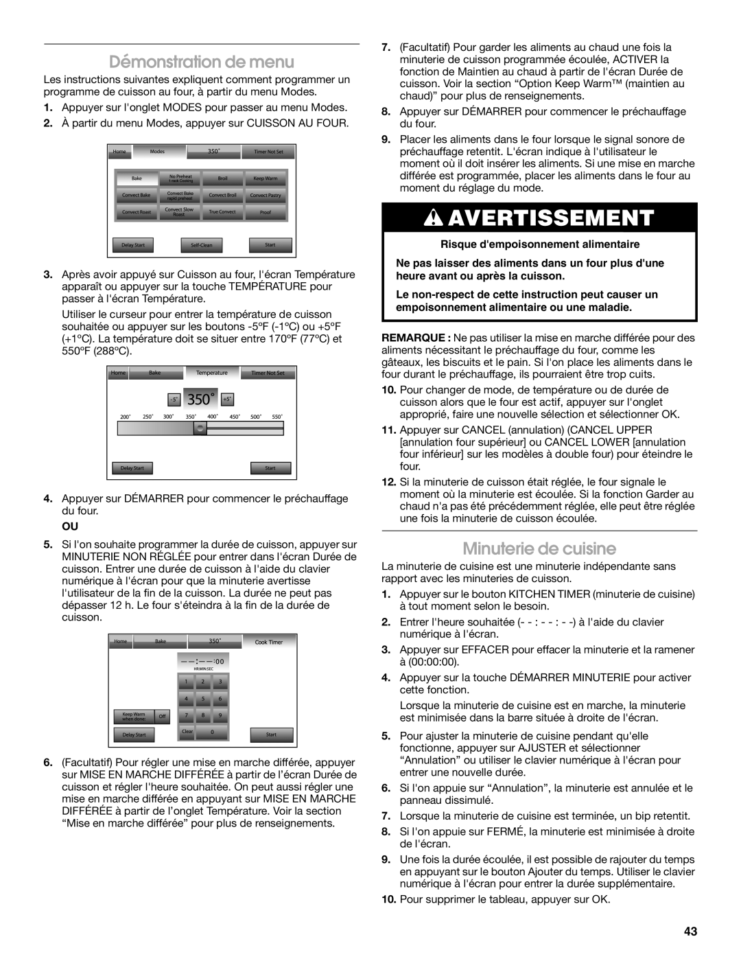 Jenn-Air JJW3430 manual Démonstration de menu, Minuterie de cuisine 