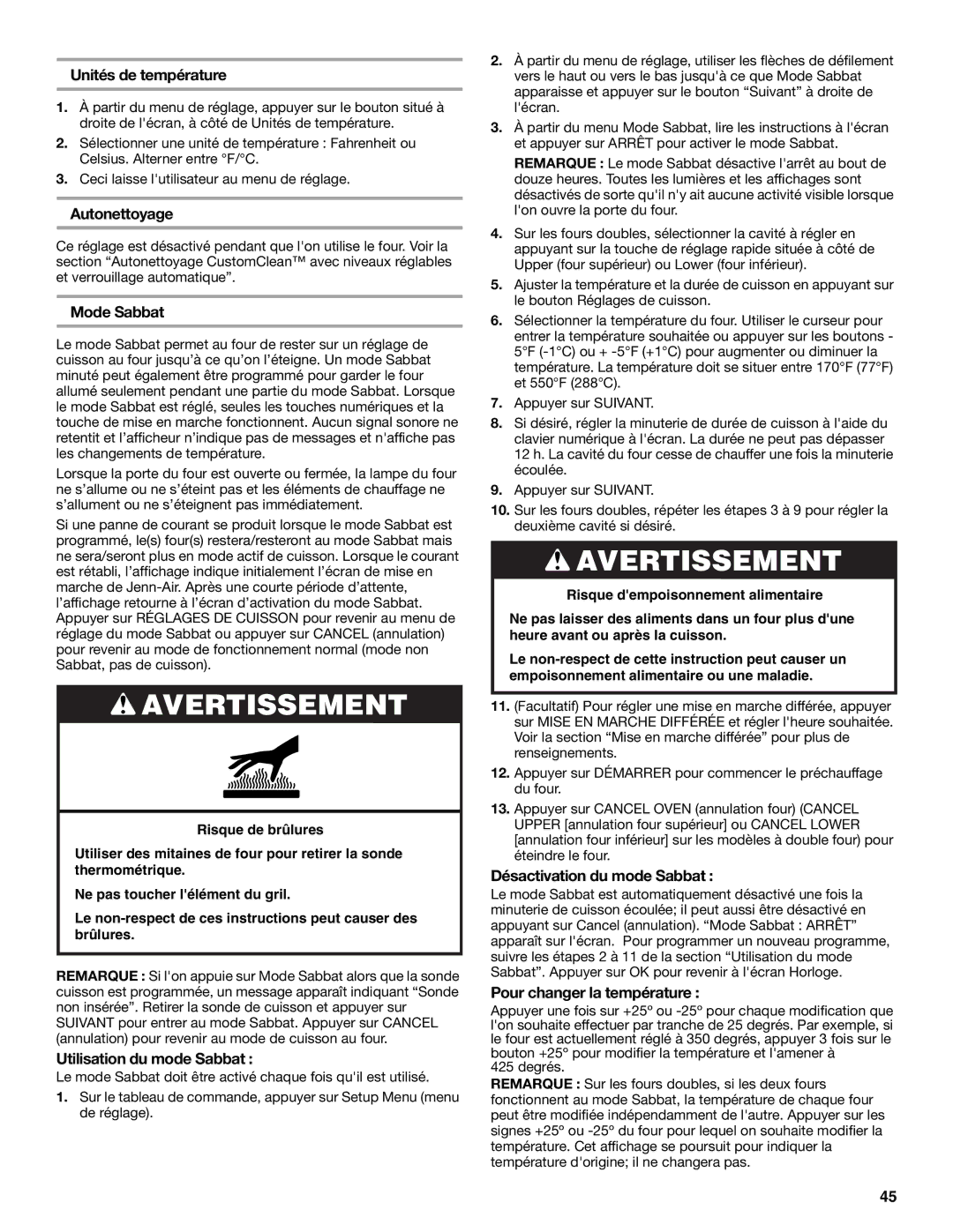 Jenn-Air JJW3430 manual Unités de température, Autonettoyage, Mode Sabbat, Utilisation du mode Sabbat 