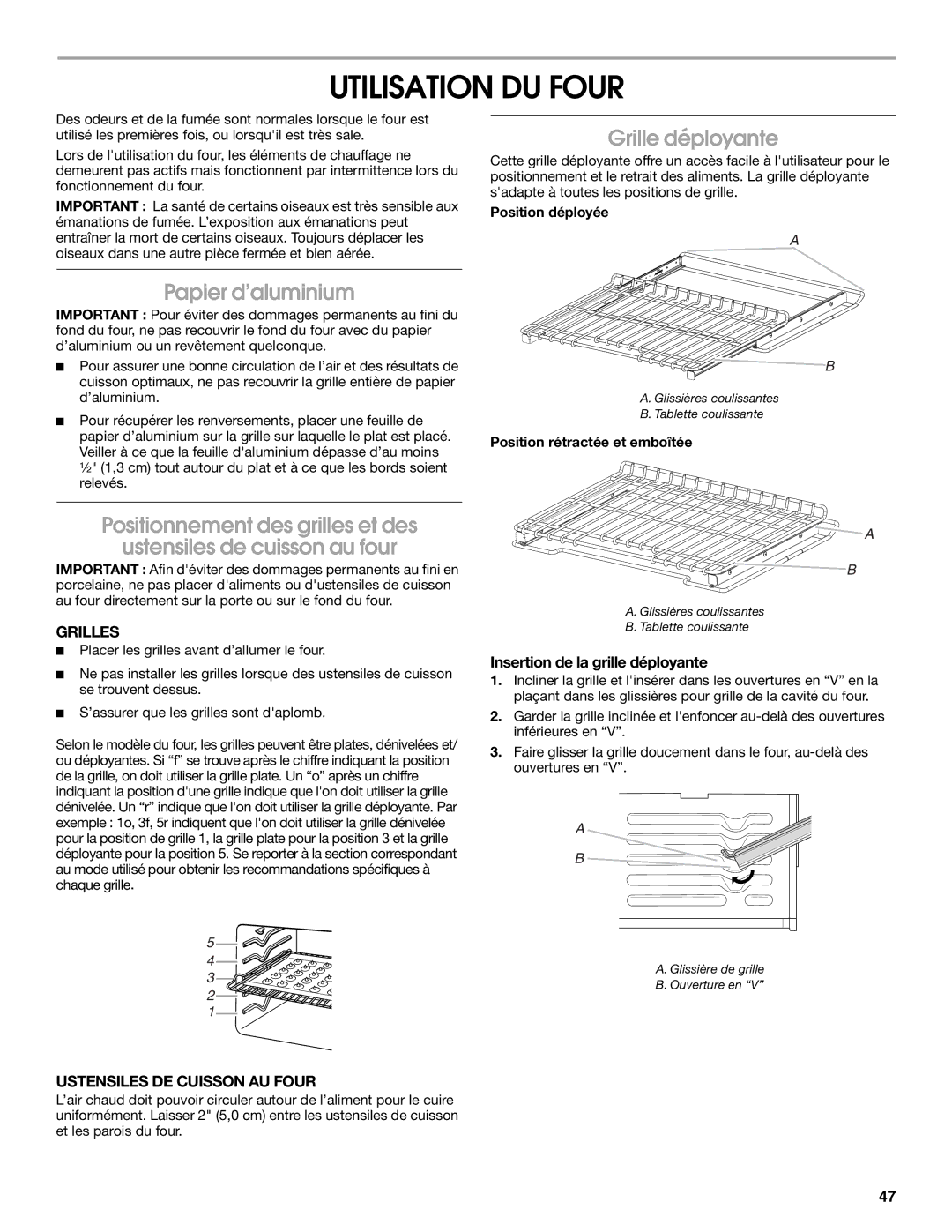 Jenn-Air JJW3430 manual Utilisation DU Four, Papier d’aluminium, Grille déployante, Insertion de la grille déployante 