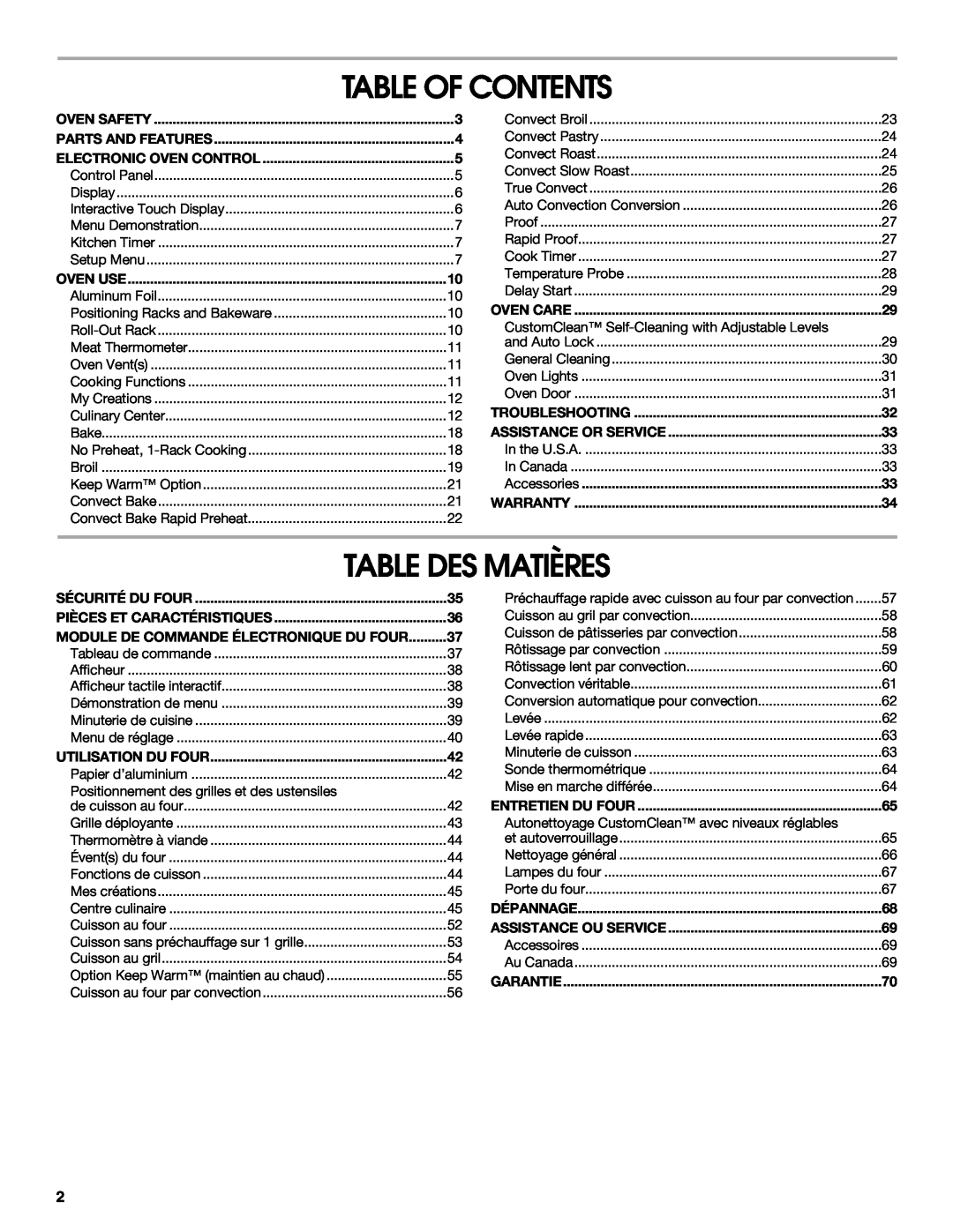 Jenn-Air JJW3830 manual Table Of Contents, Table Des Matières 