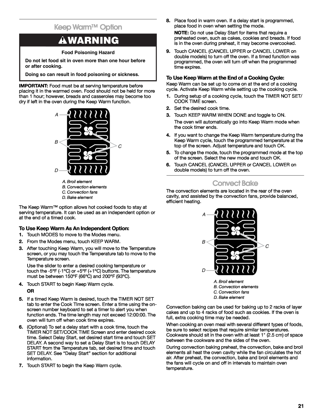 Jenn-Air JJW3830 manual Keep Warm Option, Convect Bake, To Use Keep Warm at the End of a Cooking Cycle, A B C D 