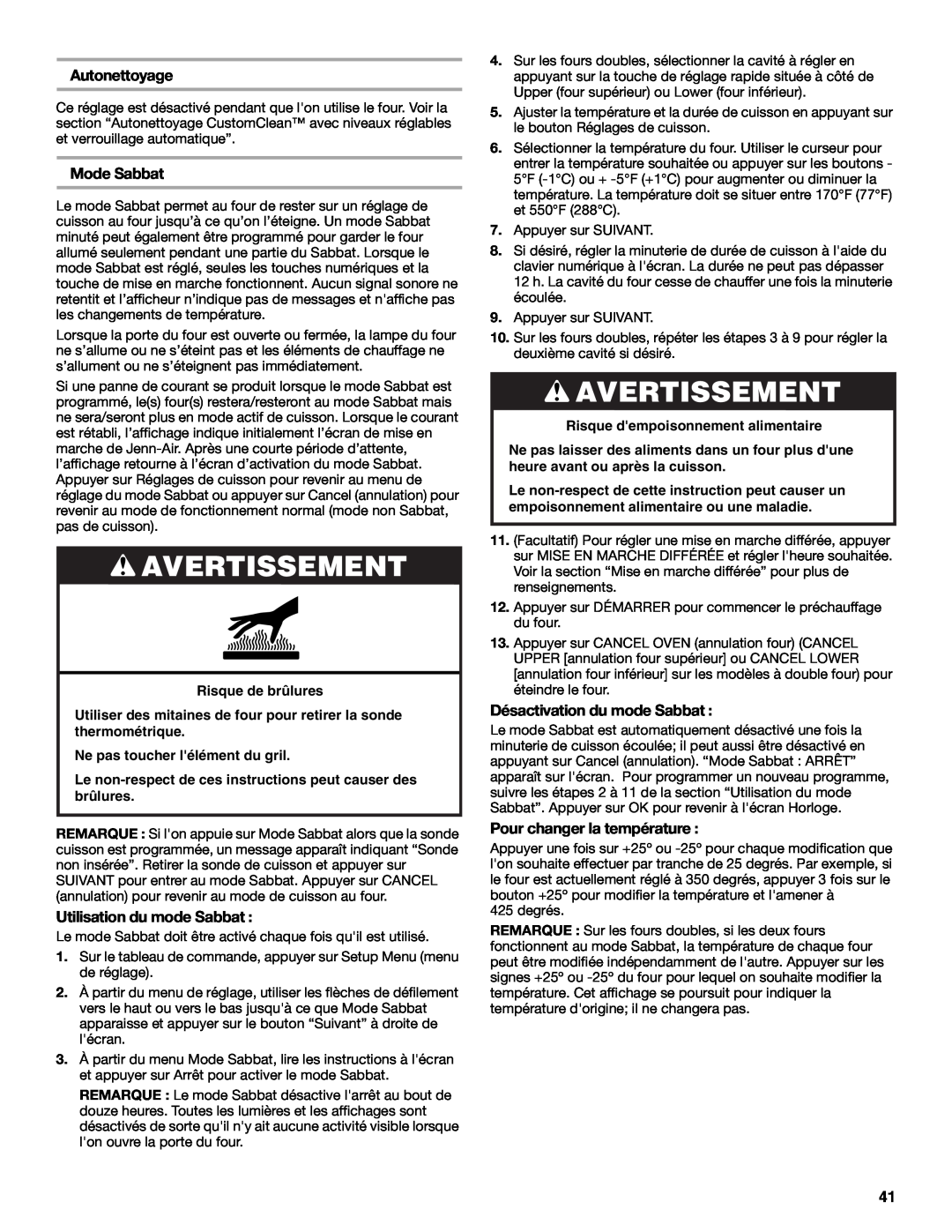 Jenn-Air JJW3830 manual Autonettoyage, Mode Sabbat, Utilisation du mode Sabbat, Désactivation du mode Sabbat, Avertissement 