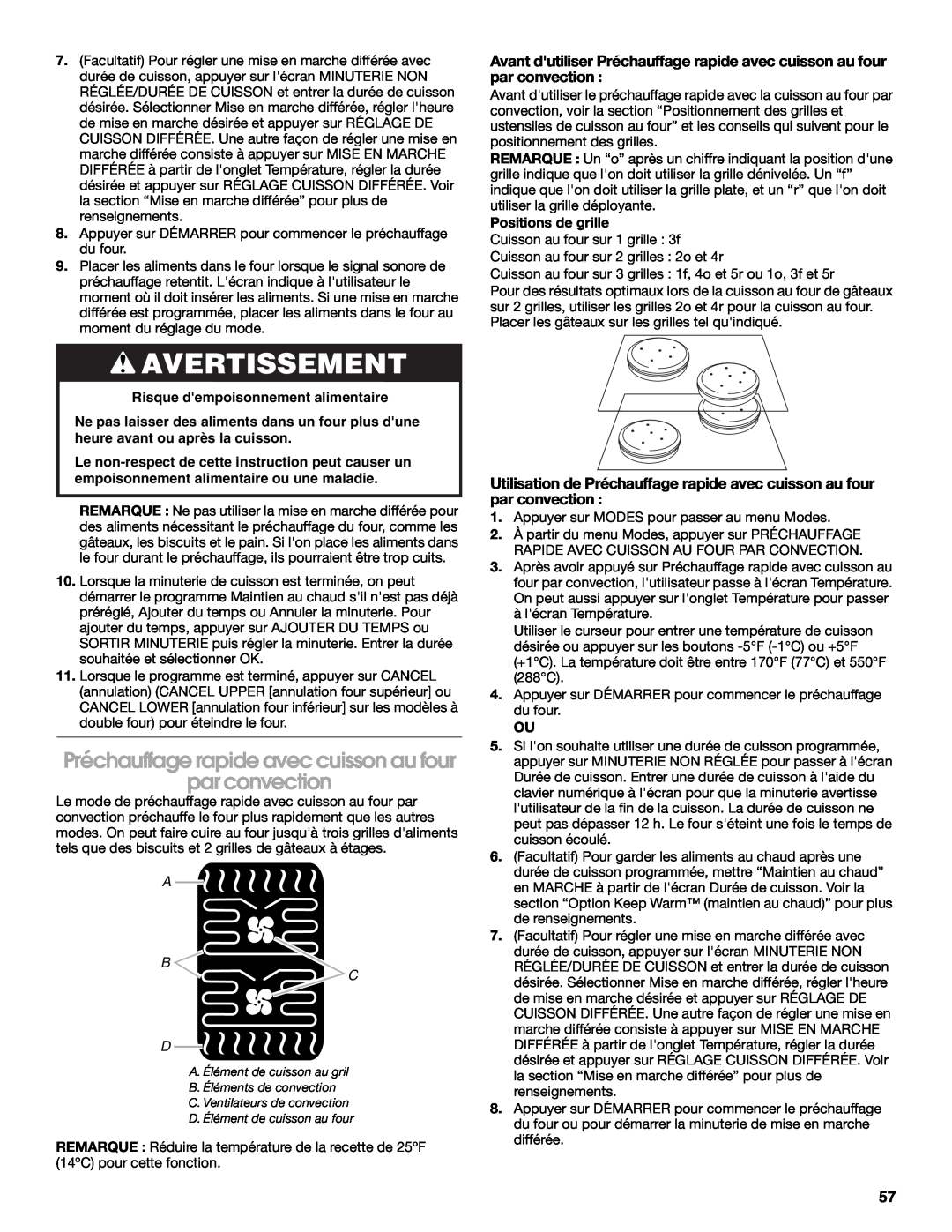 Jenn-Air JJW3830 manual Préchauffage rapide avec cuisson au four, par convection, Avertissement 