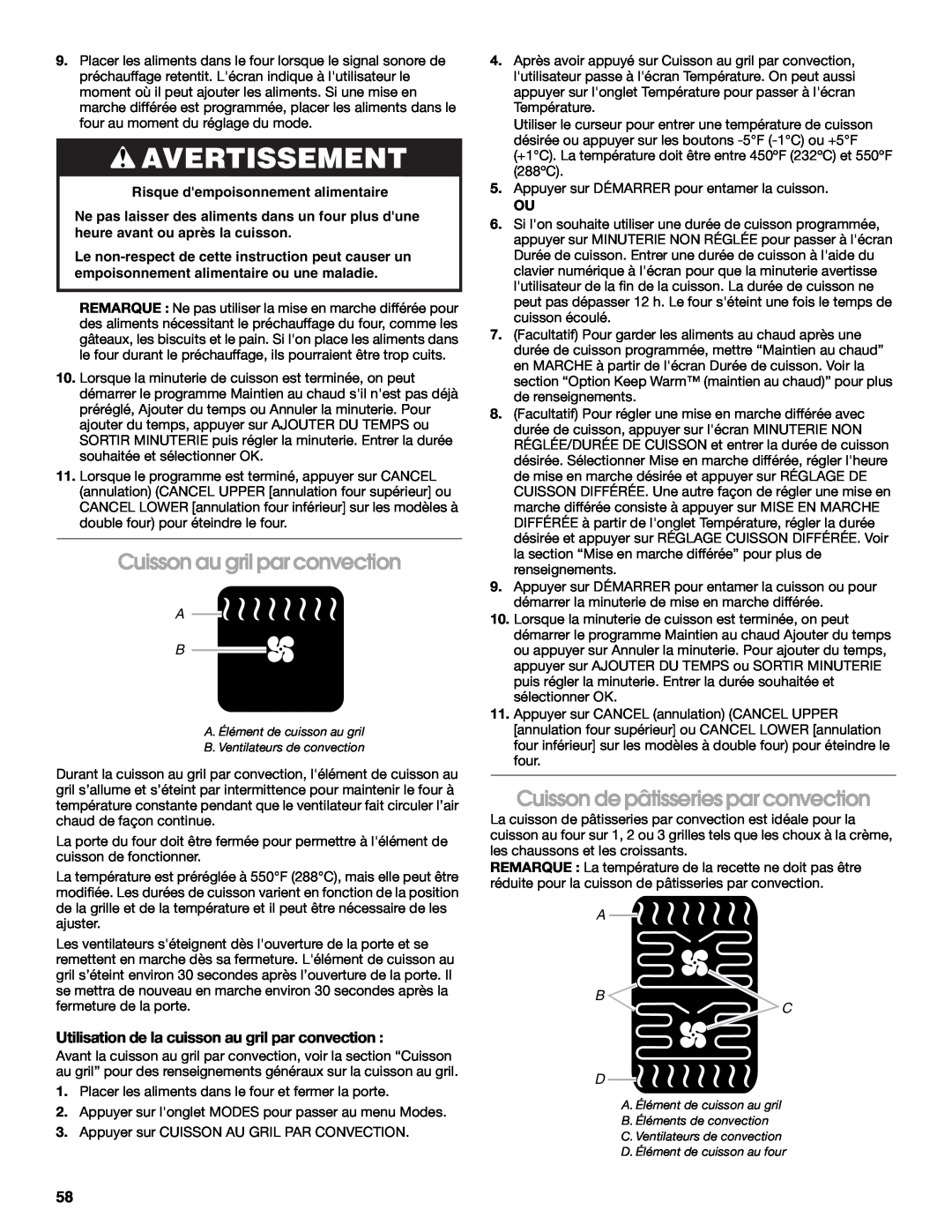 Jenn-Air JJW3830 manual Cuisson au gril par convection, Cuisson de pâtisseries par convection, Avertissement, A B C D 