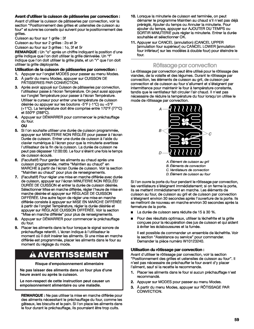 Jenn-Air JJW3830 manual Rôtissage par convection, Utilisation du rôtissage par convection, Avertissement 