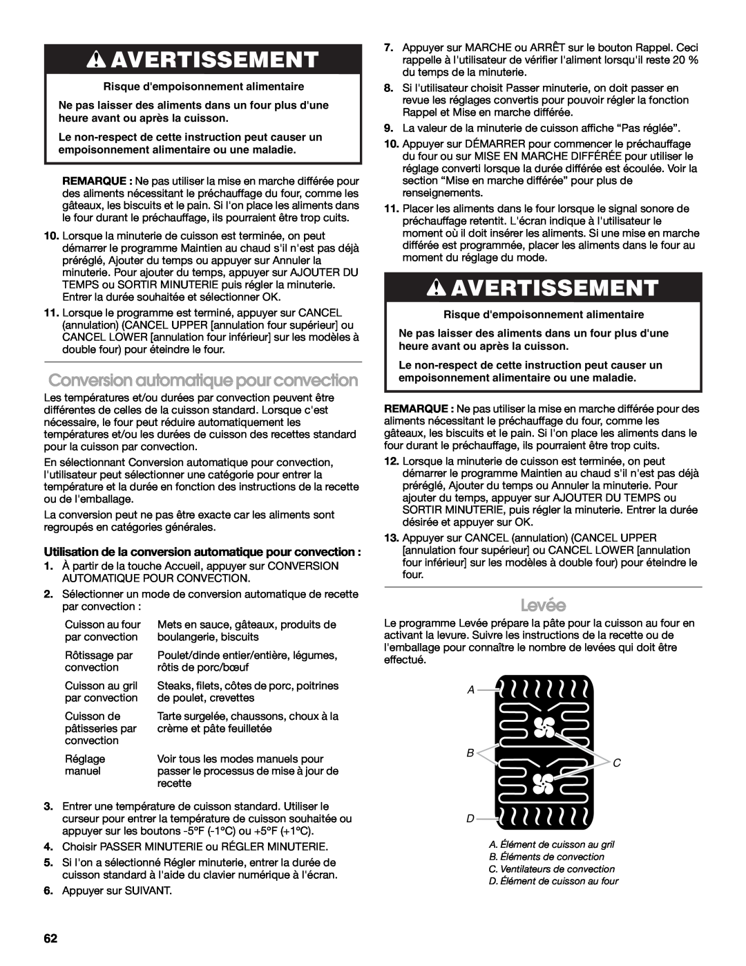 Jenn-Air JJW3830 manual Conversion automatique pour convection, Levée, Avertissement, A B C D 