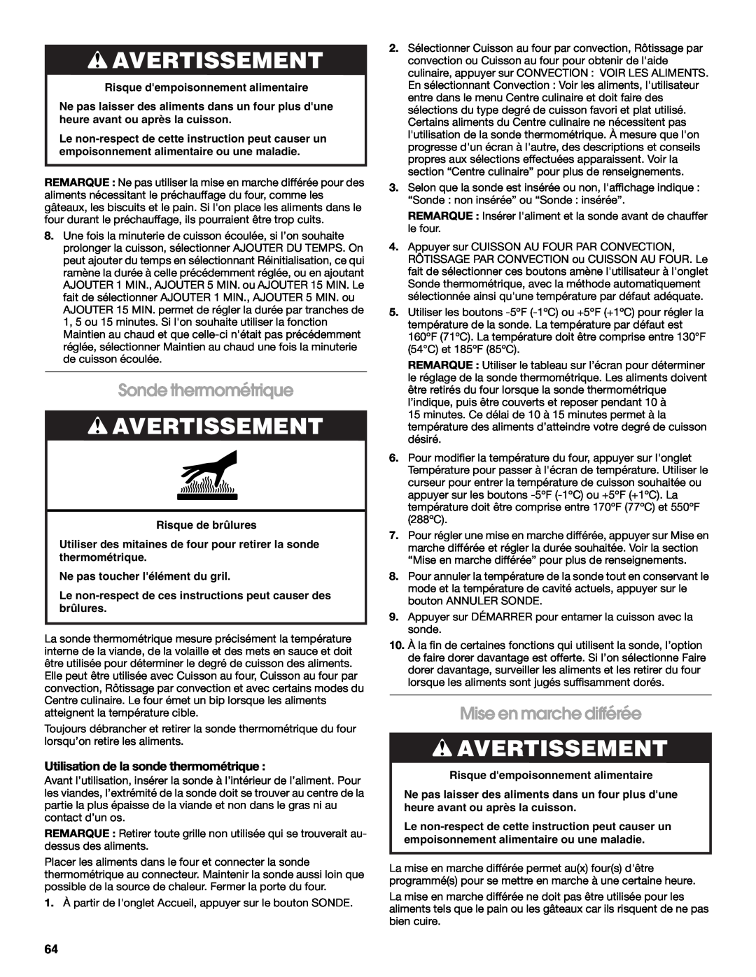 Jenn-Air JJW3830 Sonde thermométrique, Mise en marche différée, Utilisation de la sonde thermométrique, Avertissement 