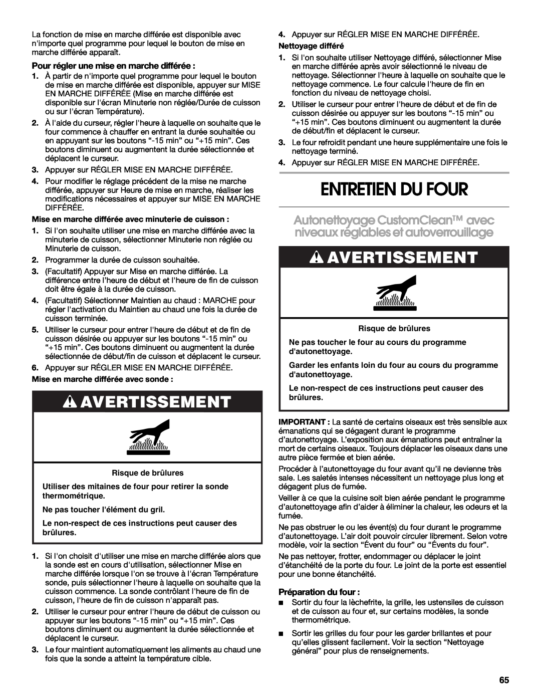 Jenn-Air JJW3830 manual Entretien Du Four, Pour régler une mise en marche différée, Préparation du four, Avertissement 