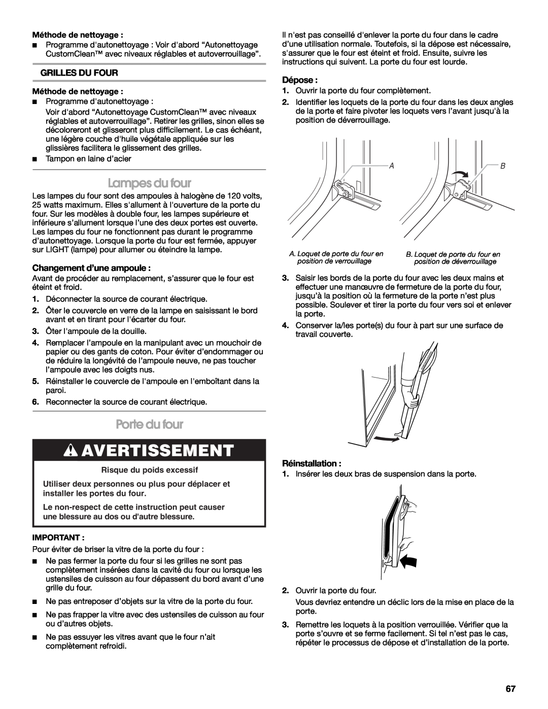 Jenn-Air JJW3830 manual Lampes du four, Porte du four, Grilles Du Four, Changement d’une ampoule, Dépose, Réinstallation 