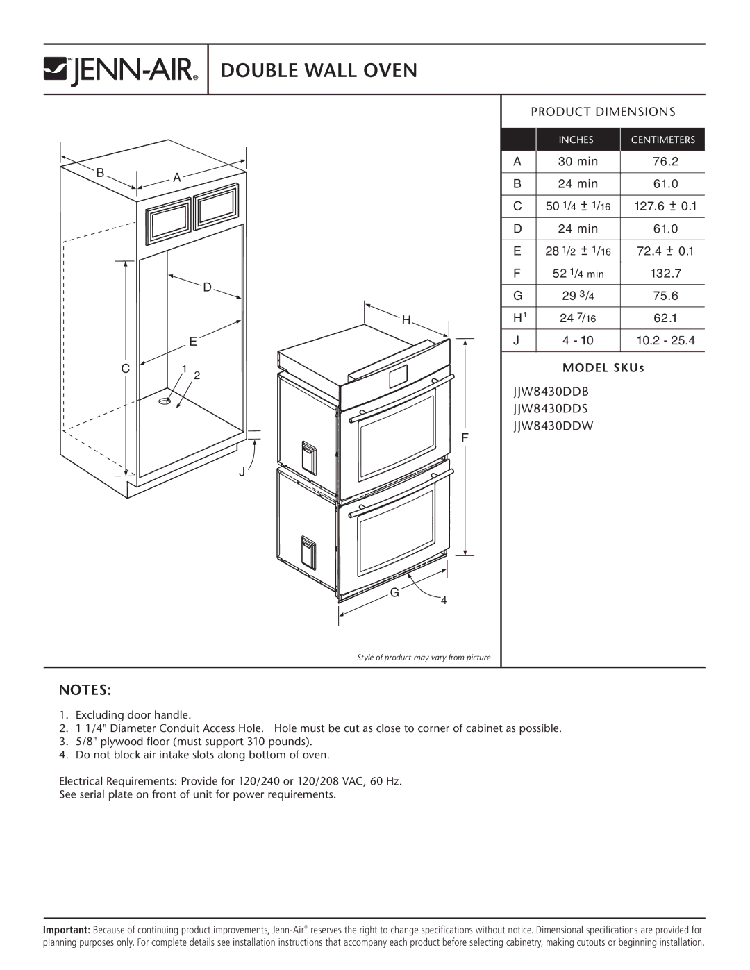 Jenn-Air dimensions Double Wall Oven, Product Dimensions, Model SKUs, JJW8430DDB JJW8430DDS JJW8430DDW 