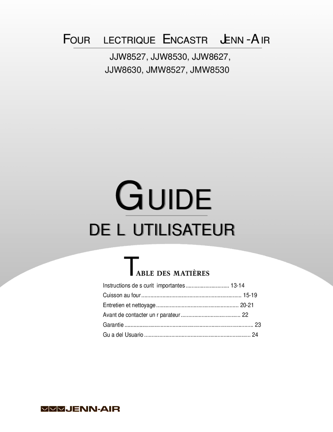 Jenn-Air JJW8627, JJW8630, JJW8527, JJW8530, JMW8530, JMW8527 warranty Guide 