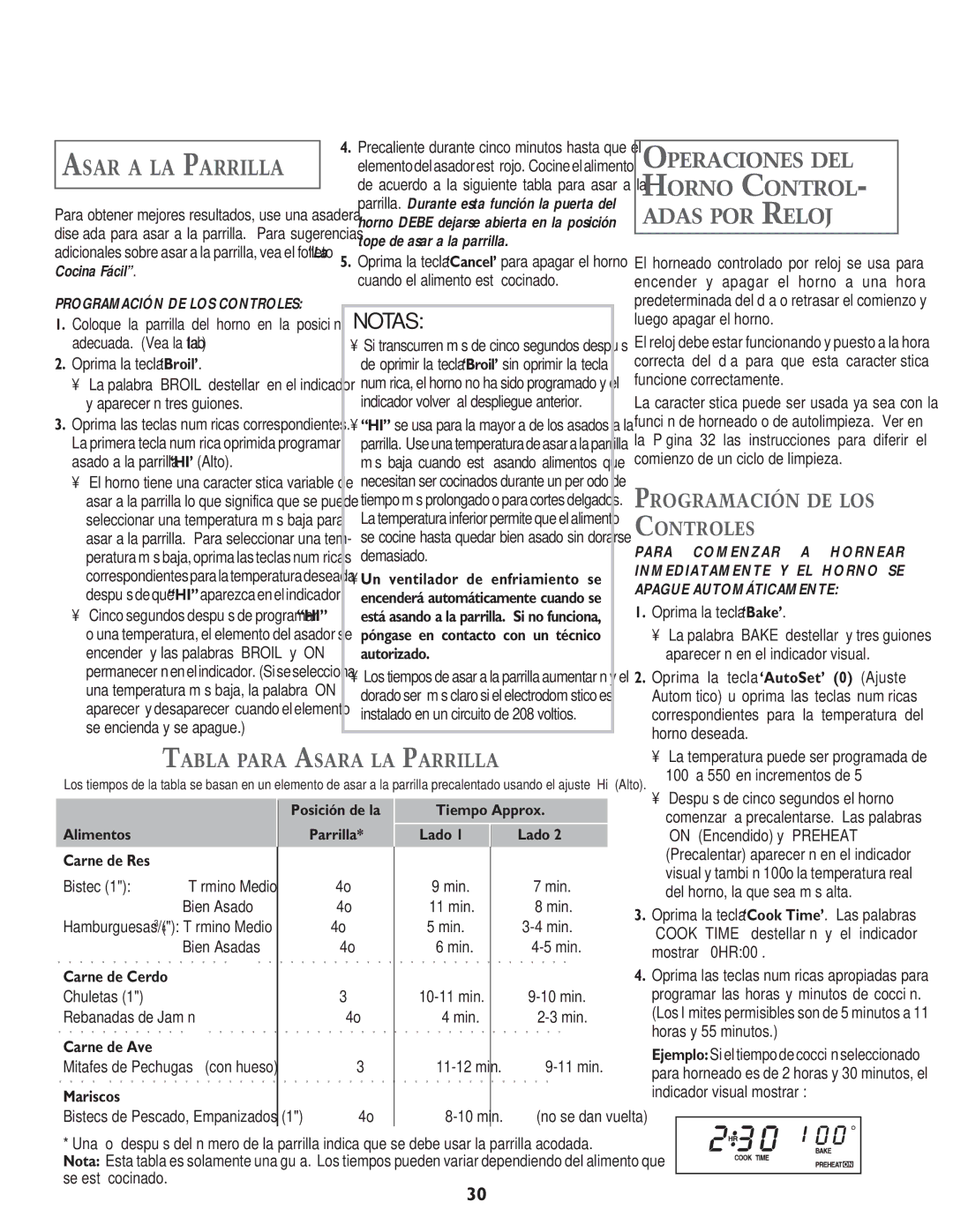 Jenn-Air JJW8627, JJW8630 Asar a LA Parrilla, Operaciones DEL Horno Control Adas POR Reloj, Programación DE LOS Controles 