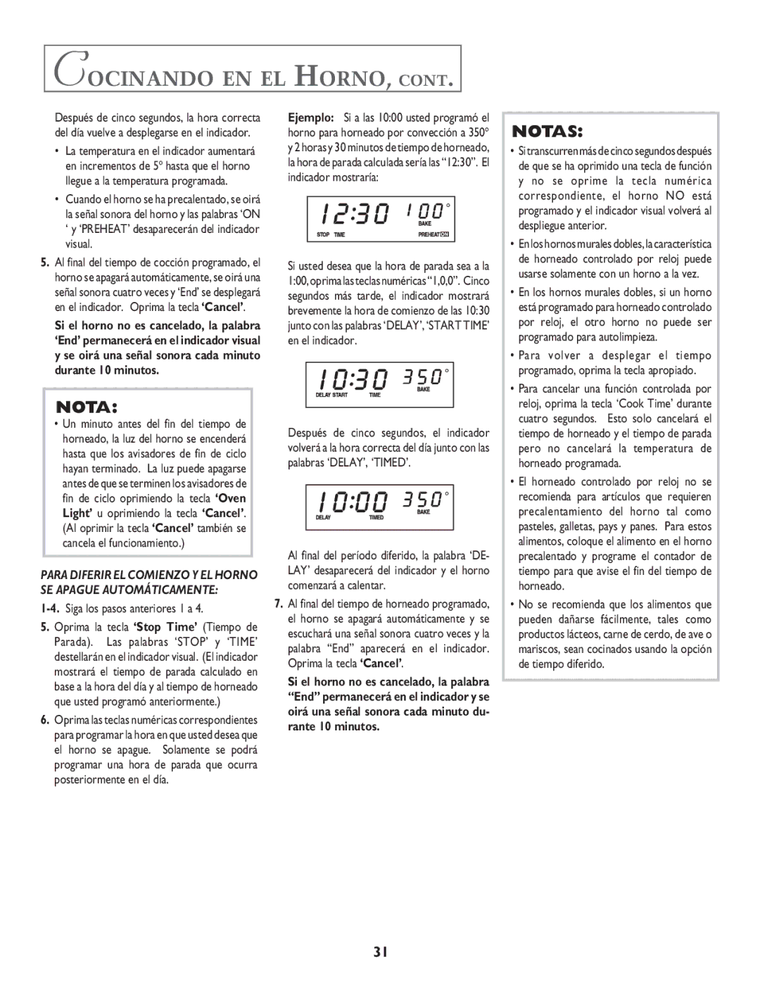 Jenn-Air JJW8527 No se oprime la tecla numérica, Despliegue anterior, Programado para autolimpieza, Horneado programada 