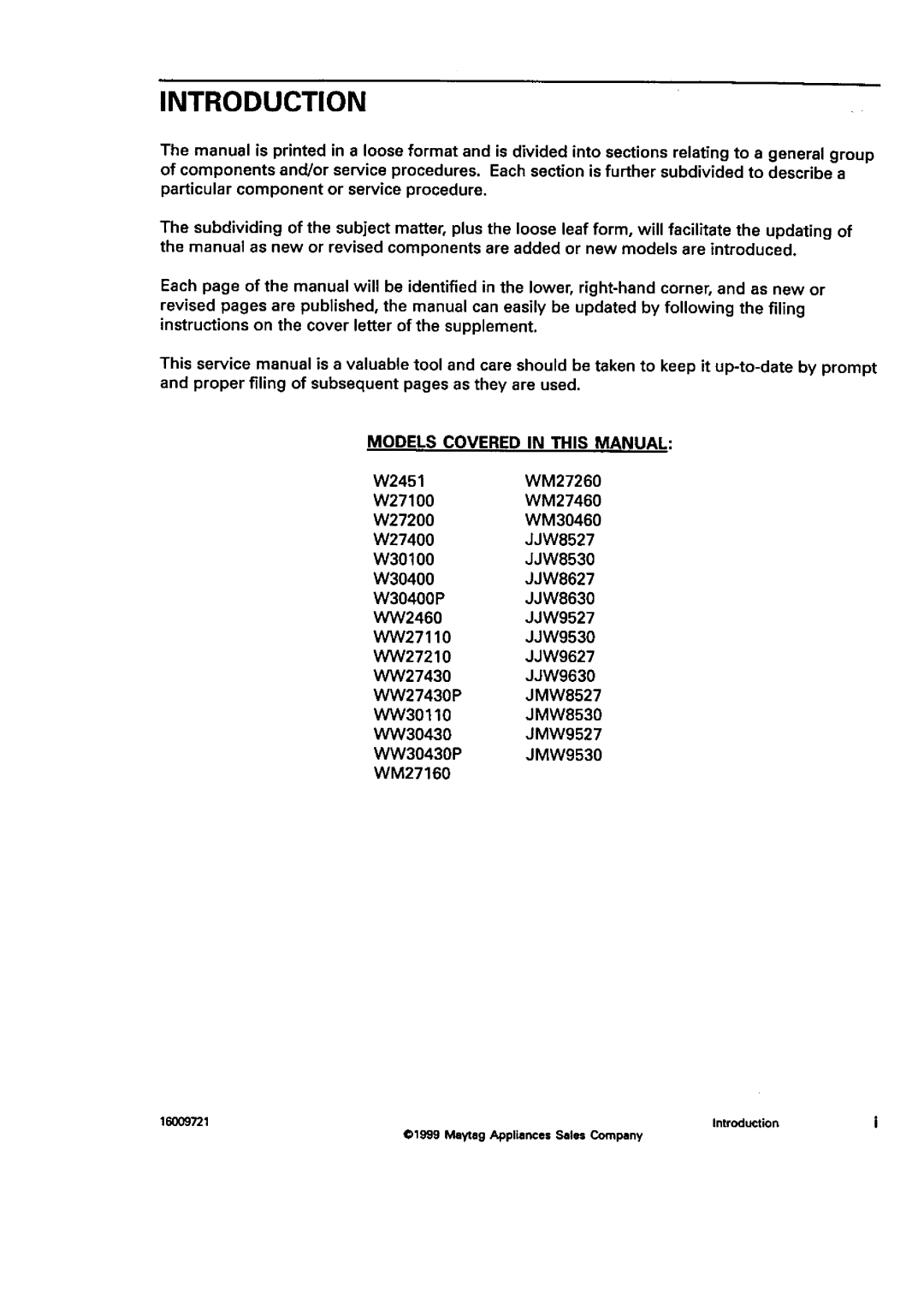 Jenn-Air JJW8527, JJW9527, JJW8630, JJW8627, W3040OP, W30100, W30400, W27400, W27200 Introduction, Models Covered in this Manual 