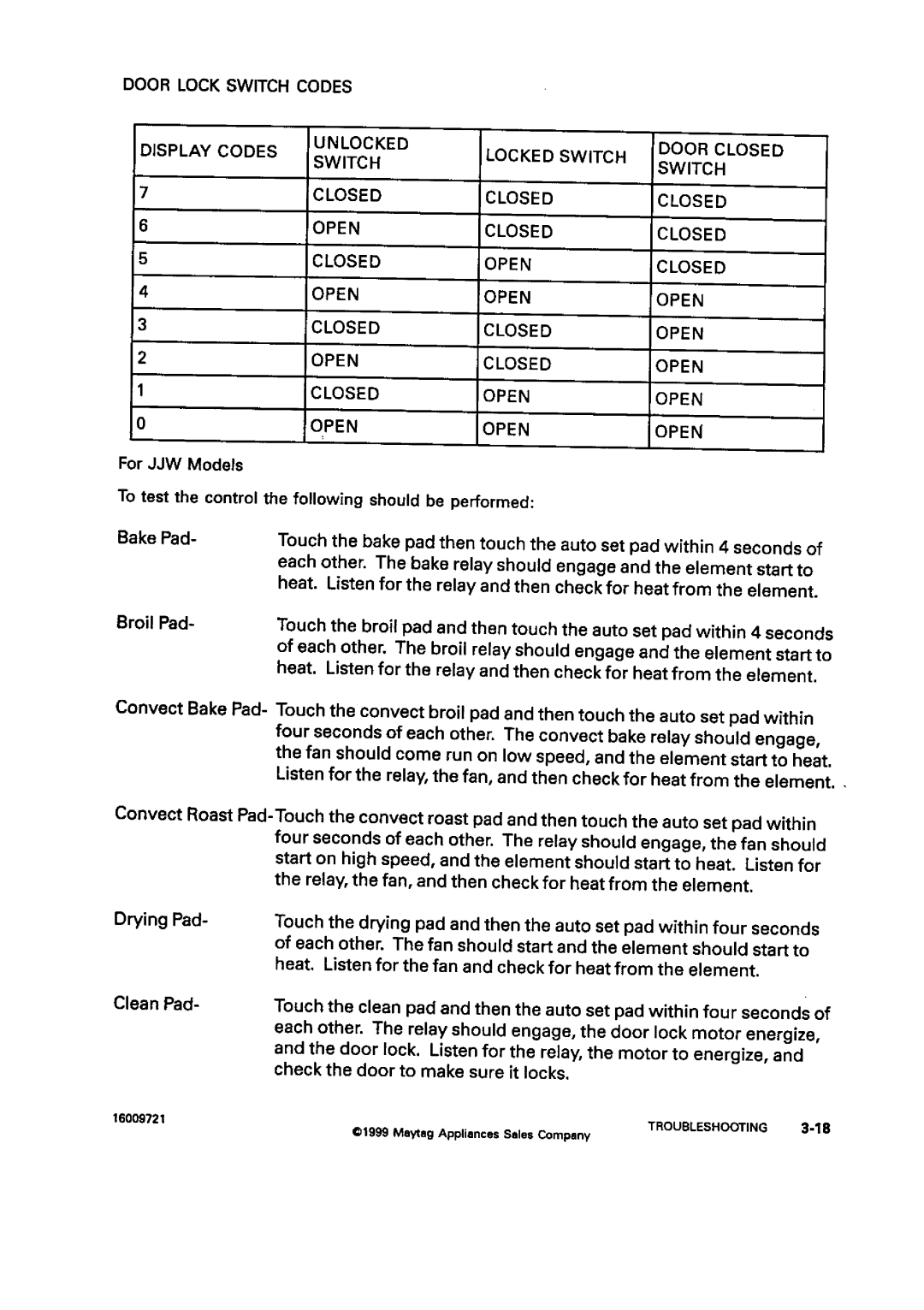 Jenn-Air W3040OP, JJW9527, JJW8630 Unlocked Door Closed Display Codes Switch Locked Switch Open, Door Lock Switch Codes 