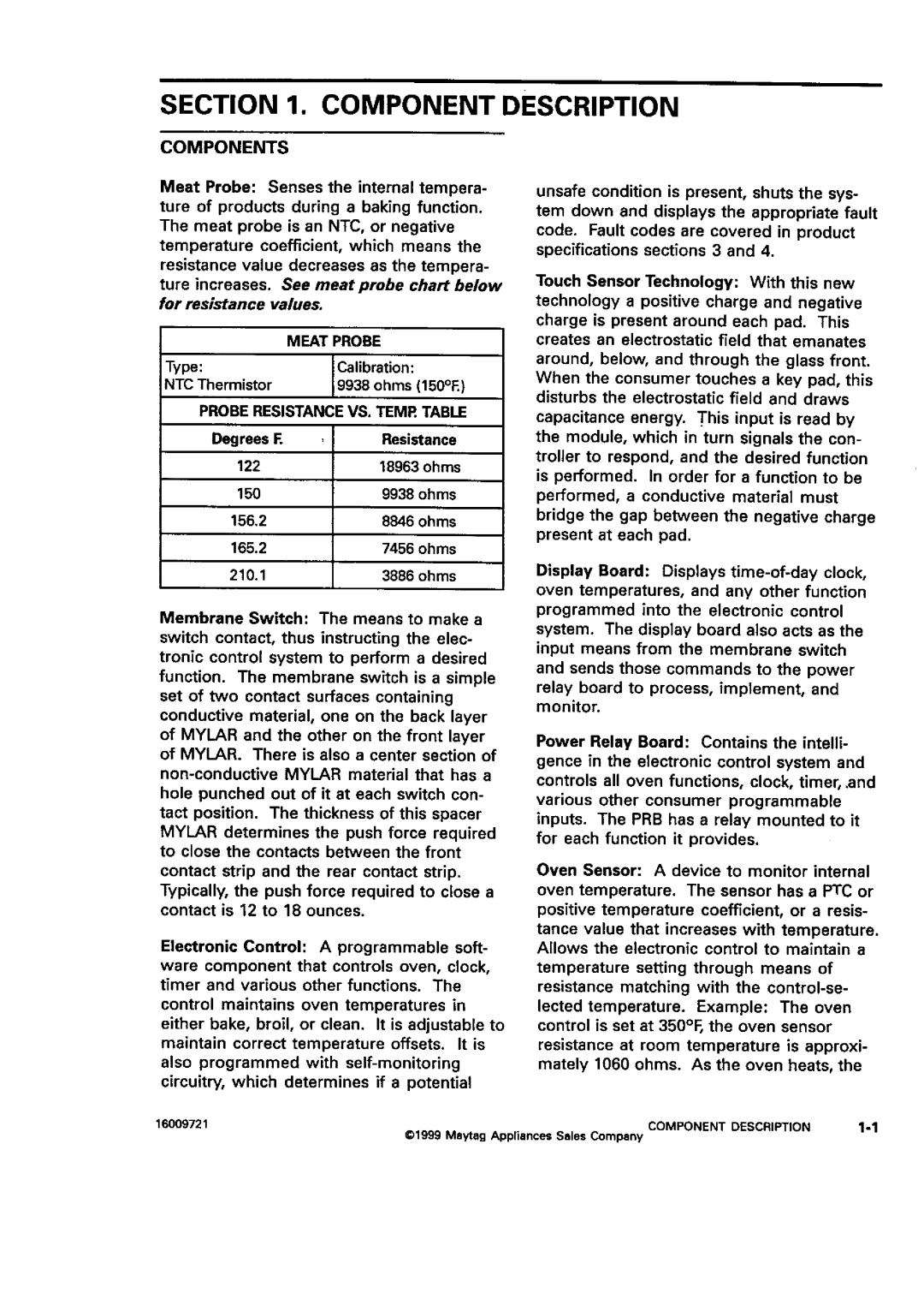 Jenn-Air W27400, JJW9527, JJW8630, JJW8627, JJW8527, W3040OP, W30100 Components, Meat Probe, Probe Resistance VS. Temr Table 