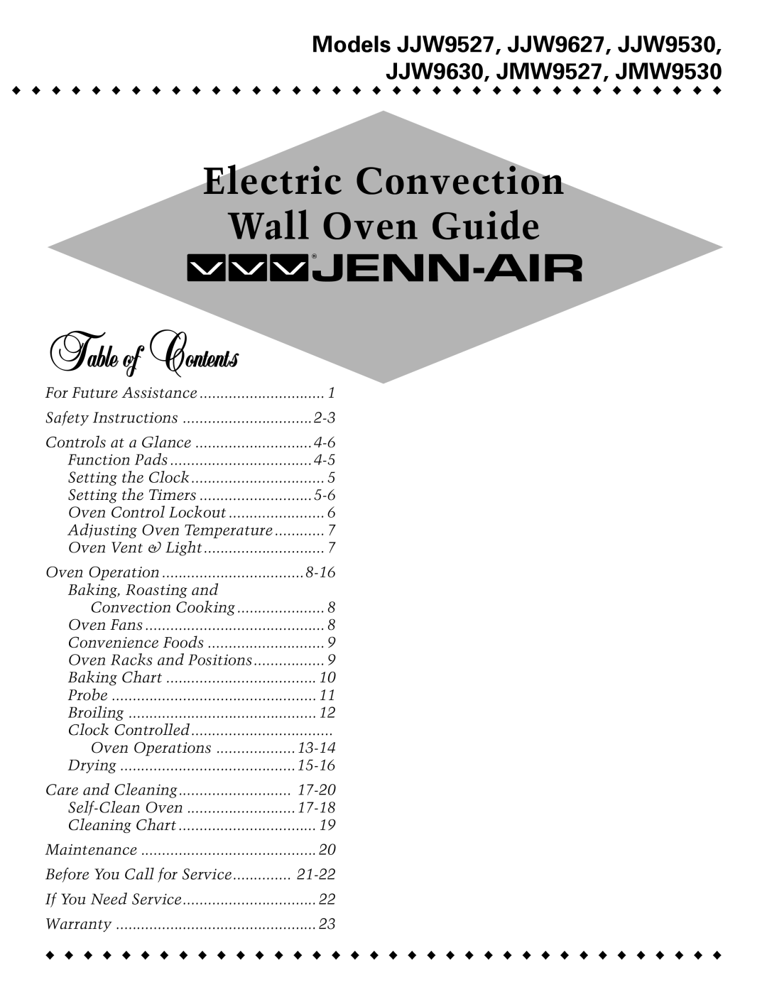 Jenn-Air JMW9530, JJW9527, JMW9527, JJW9630, JJW9530, JJW9627 warranty Electric Convection Wall Oven Guide 